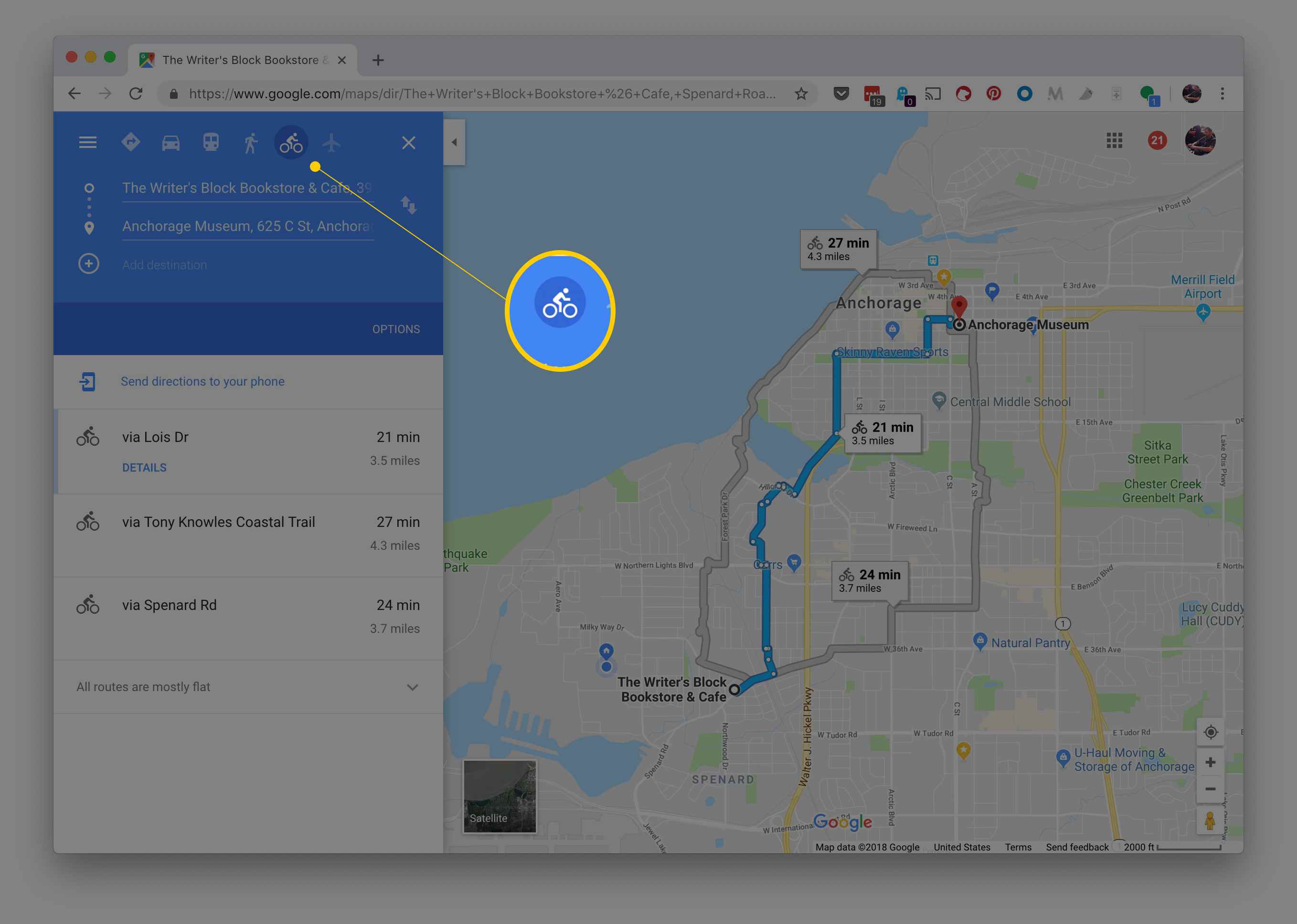 Tlačítko pro jízdu na kole v Mapách Google