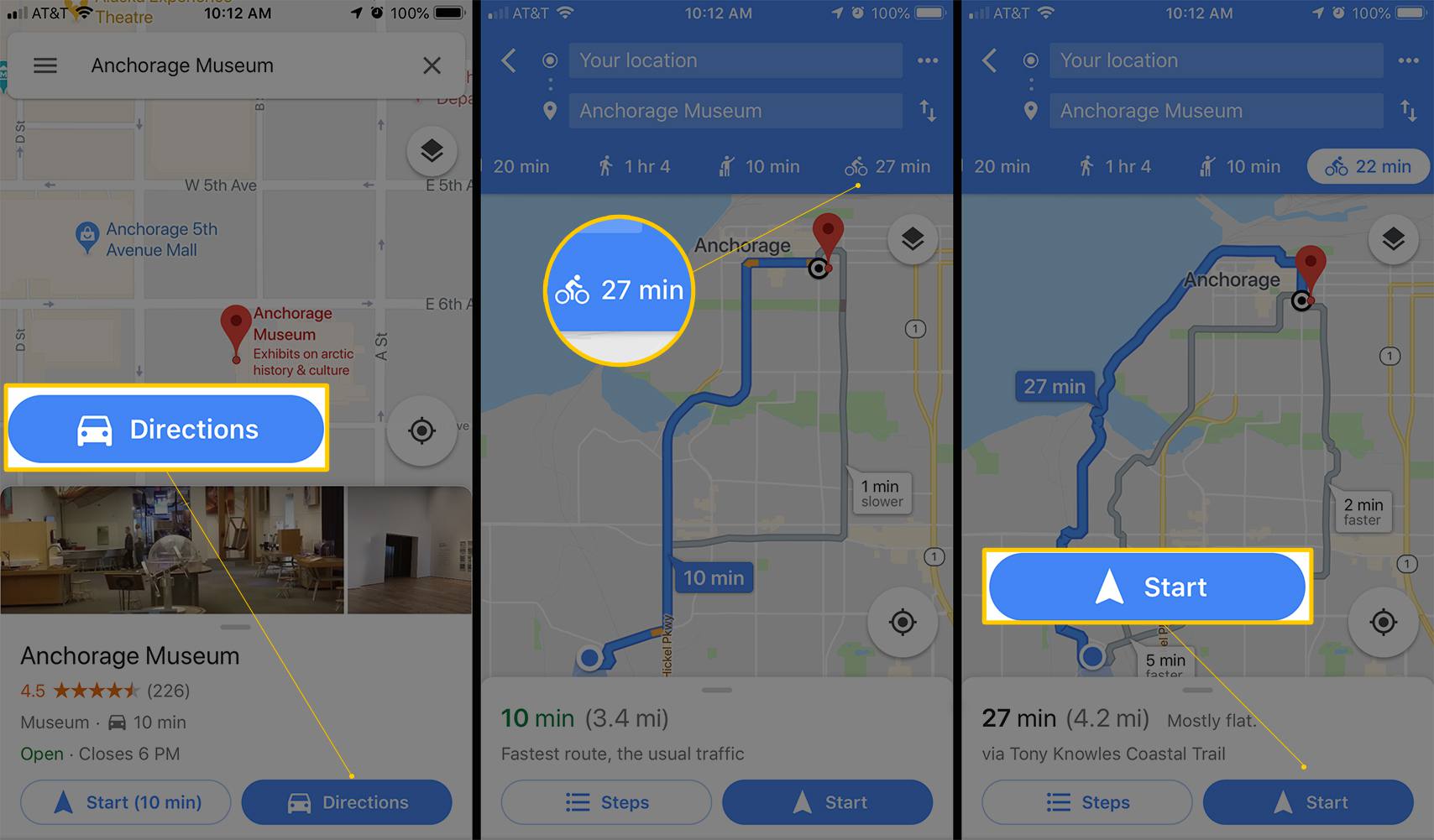 Tři obrazovky iOS, které v Mapách Google zobrazují tlačítka Trasa, Kolo a Start