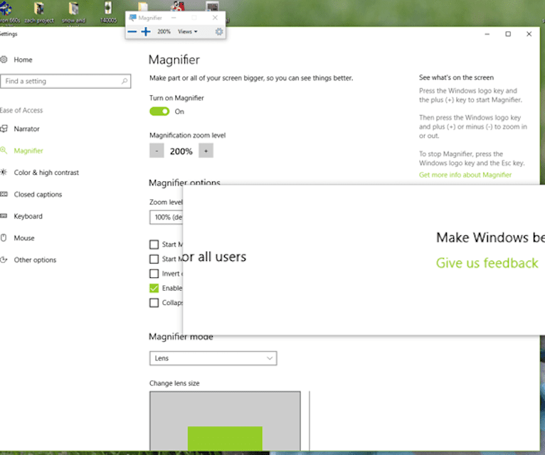Screenshot obrazovky nastavení lupy Windows 10 s lupou nastavenou na 200%