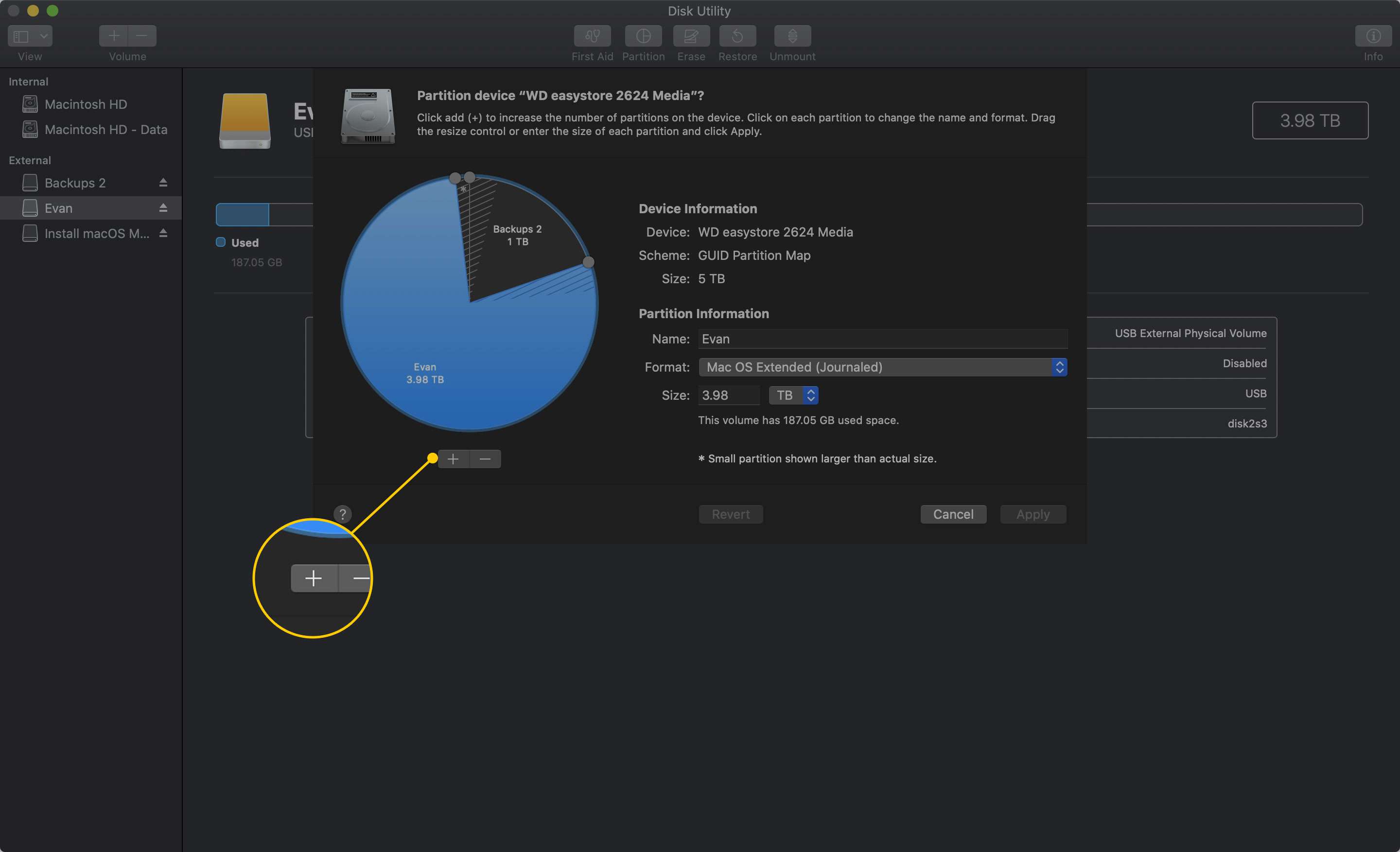 Plus se přihlaste v oddílu Disk Utility do oddílu