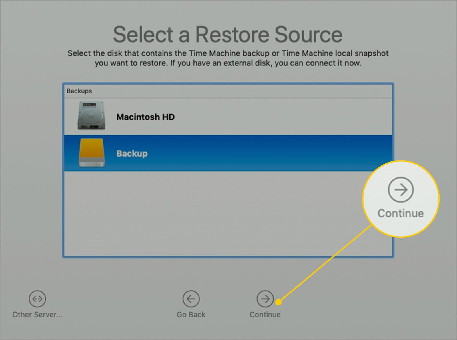 Vyberte okno Obnovit zdroj v systému macOS se zvýrazněným tlačítkem Pokračovat