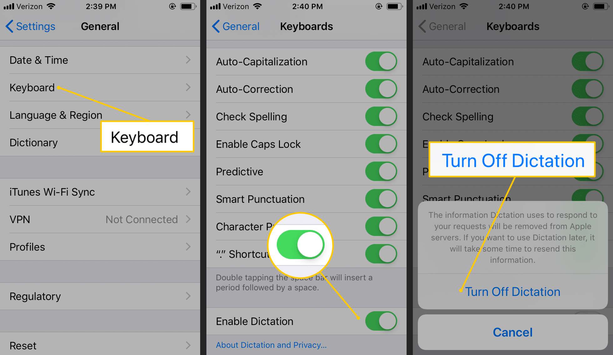 Klávesnice, přepnout Povolit diktování, Vypnout diktát na iOS