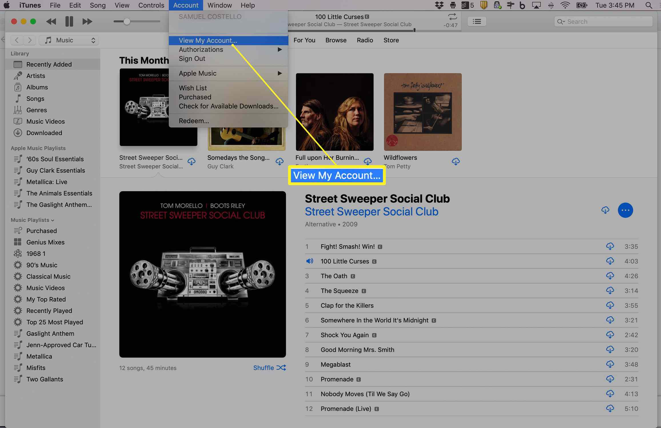 iTunes zobrazující možnost Zobrazit můj účet