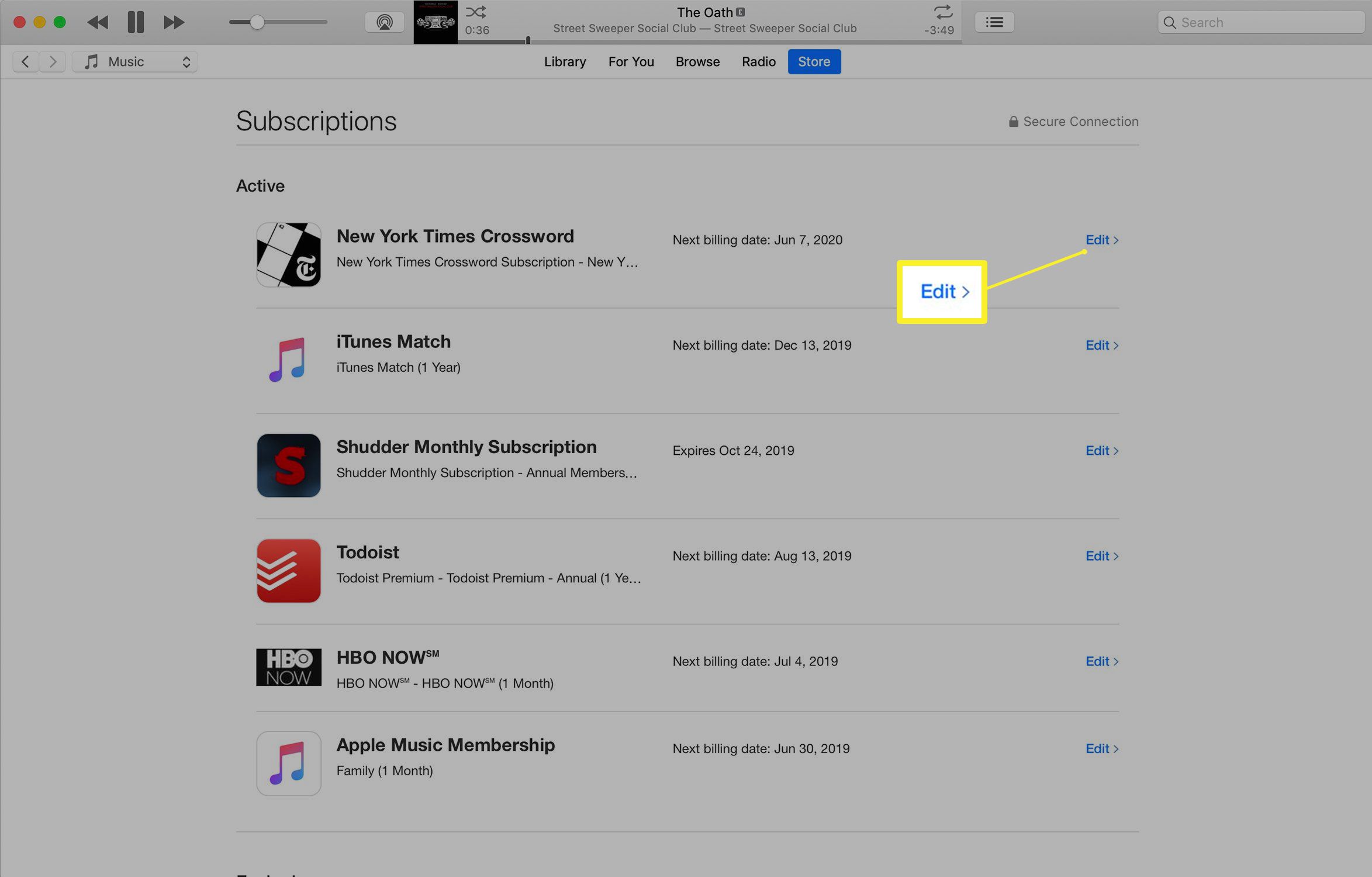 Obrazovka aktivních předplatných v iTunes