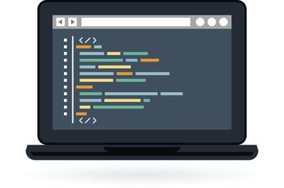 Ilustrace počítače s kódem HTML na obrazovce