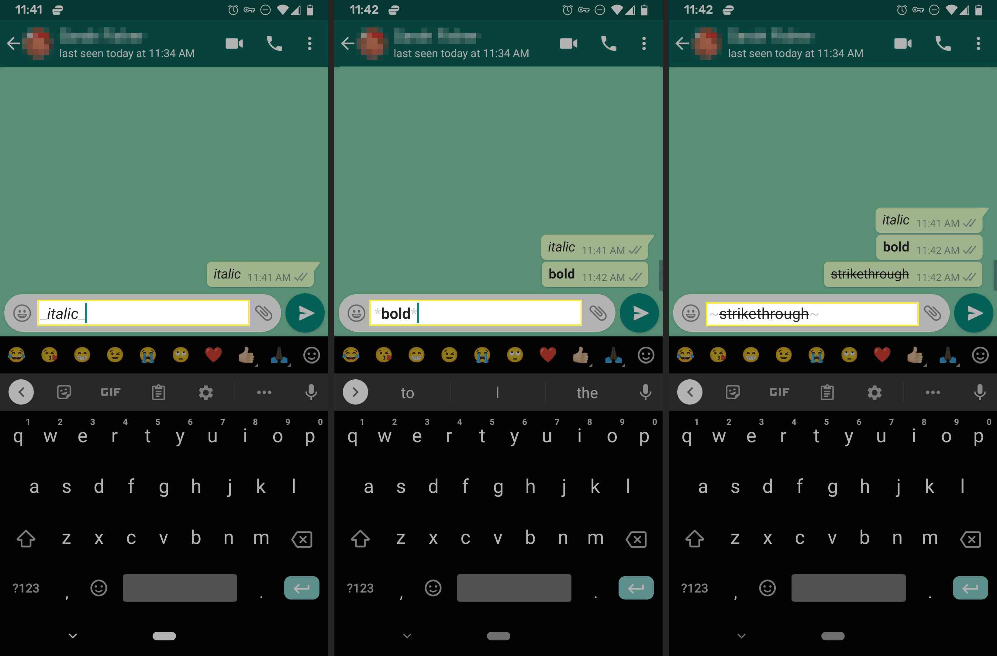 Kurzíva, tučné písmo a přeškrtnutý text v aplikaci WhatsApp pro Android.