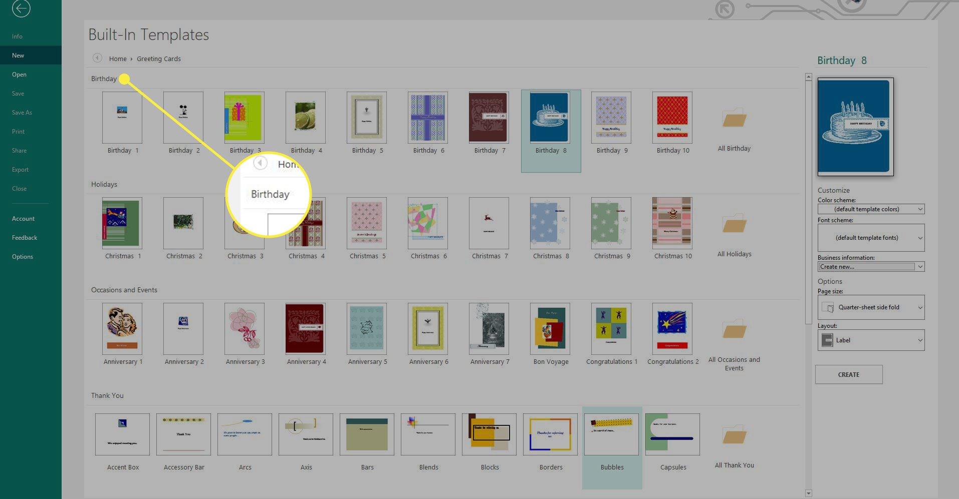 Snímek obrazovky aplikace Microsoft Publisher se zvýrazněnou kategorií šablony Narozeniny