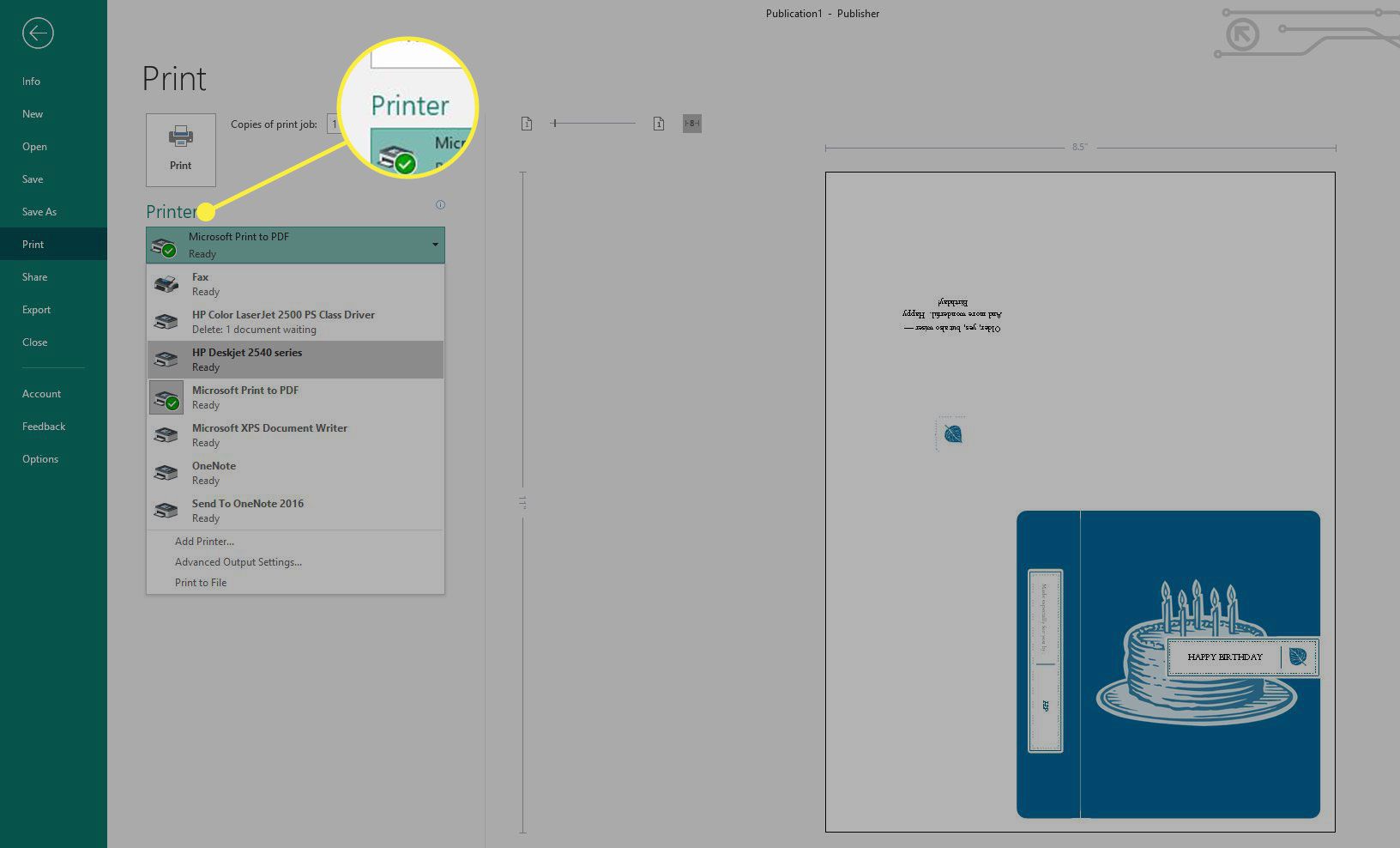 Screenshot obrazovky tisku Microsoft Publisher se zvýrazněným nadpisem Tiskárna