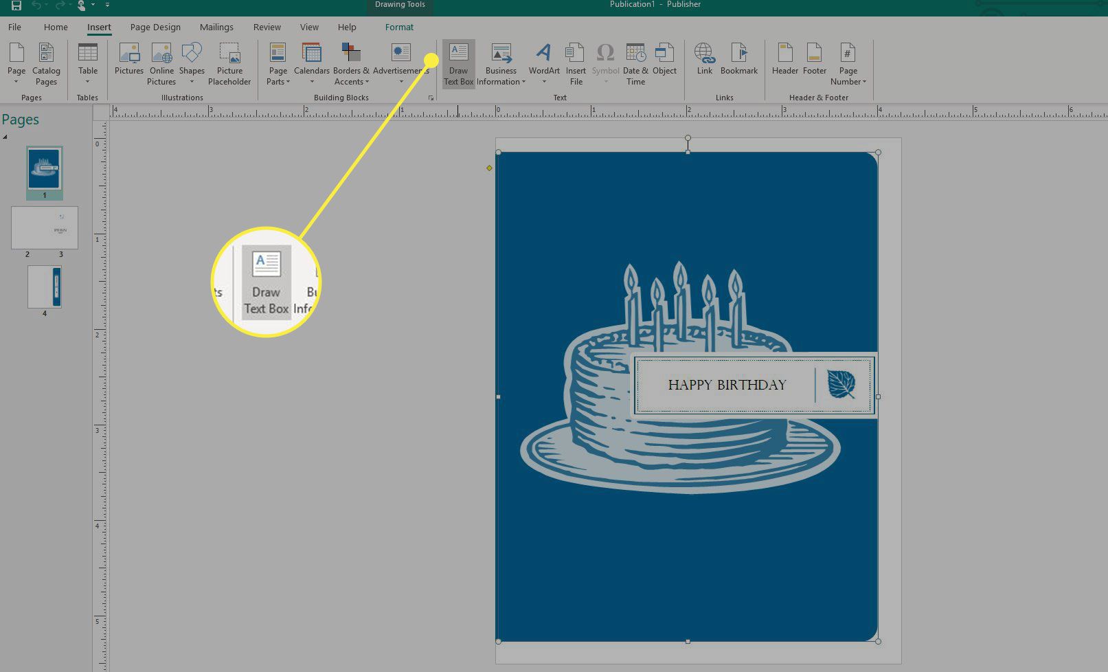 Snímek obrazovky aplikace Microsoft Publisher se zvýrazněným tlačítkem Kreslit textové pole