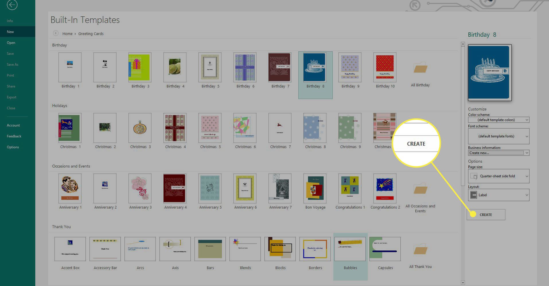 Snímek obrazovky šablon aplikace Microsoft Publisher se zvýrazněným tlačítkem Vytvořit