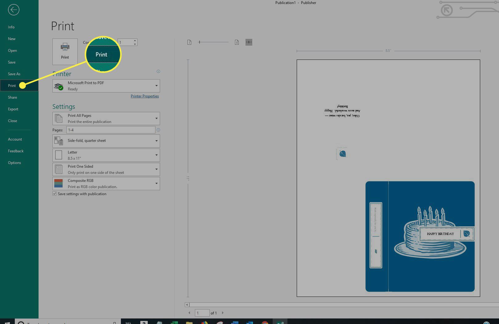 Snímek obrazovky aplikace Microsoft Publisher se zvýrazněným příkazem Tisk