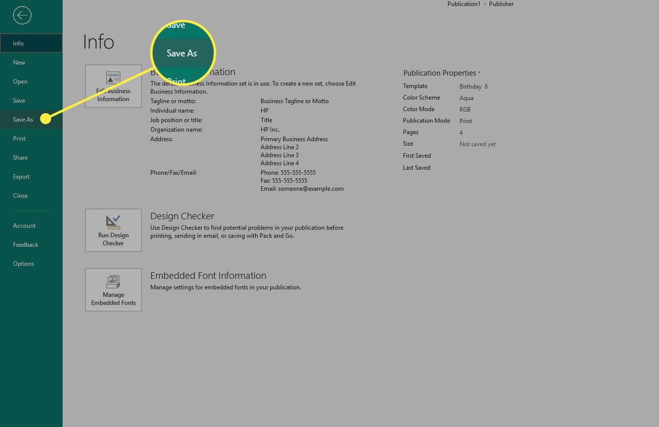 Snímek obrazovky aplikace Microsoft Publisher se zvýrazněným příkazem „Uložit jako“