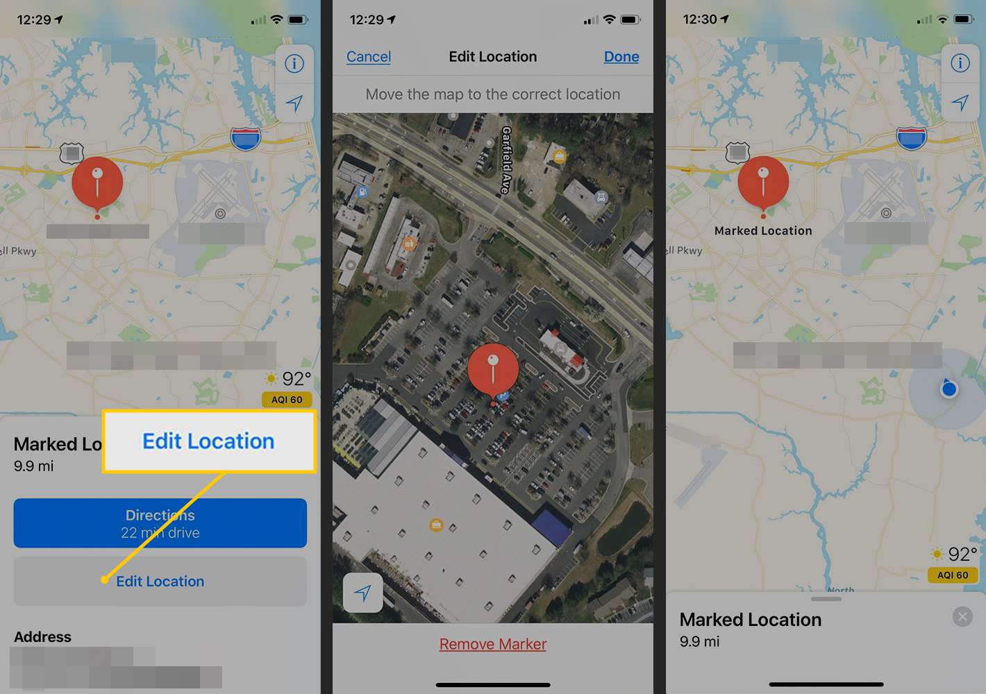 Upravit polohu, označený špendlík v Mapách pro iOS