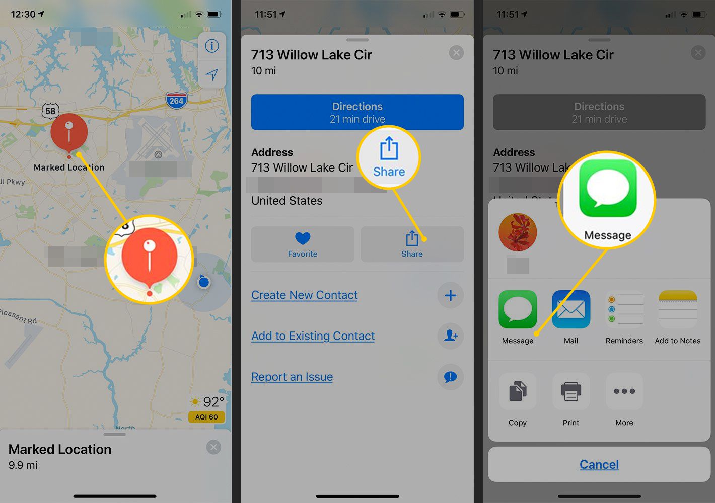 Označené místo, tlačítko Sdílet, tlačítko Zpráva v Mapách iOS