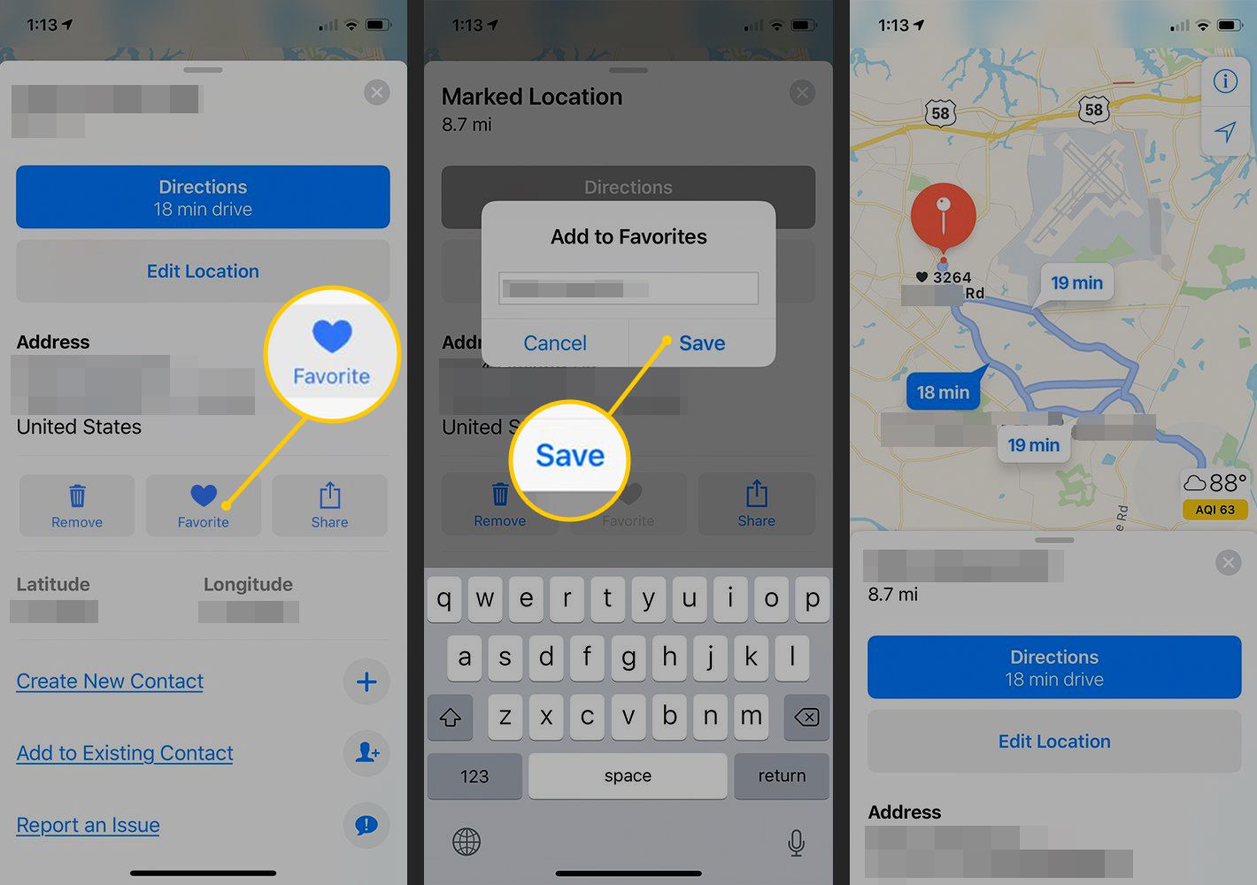Oblíbené tlačítko, tlačítko Uložit, Uložené umístění v Mapách iOS