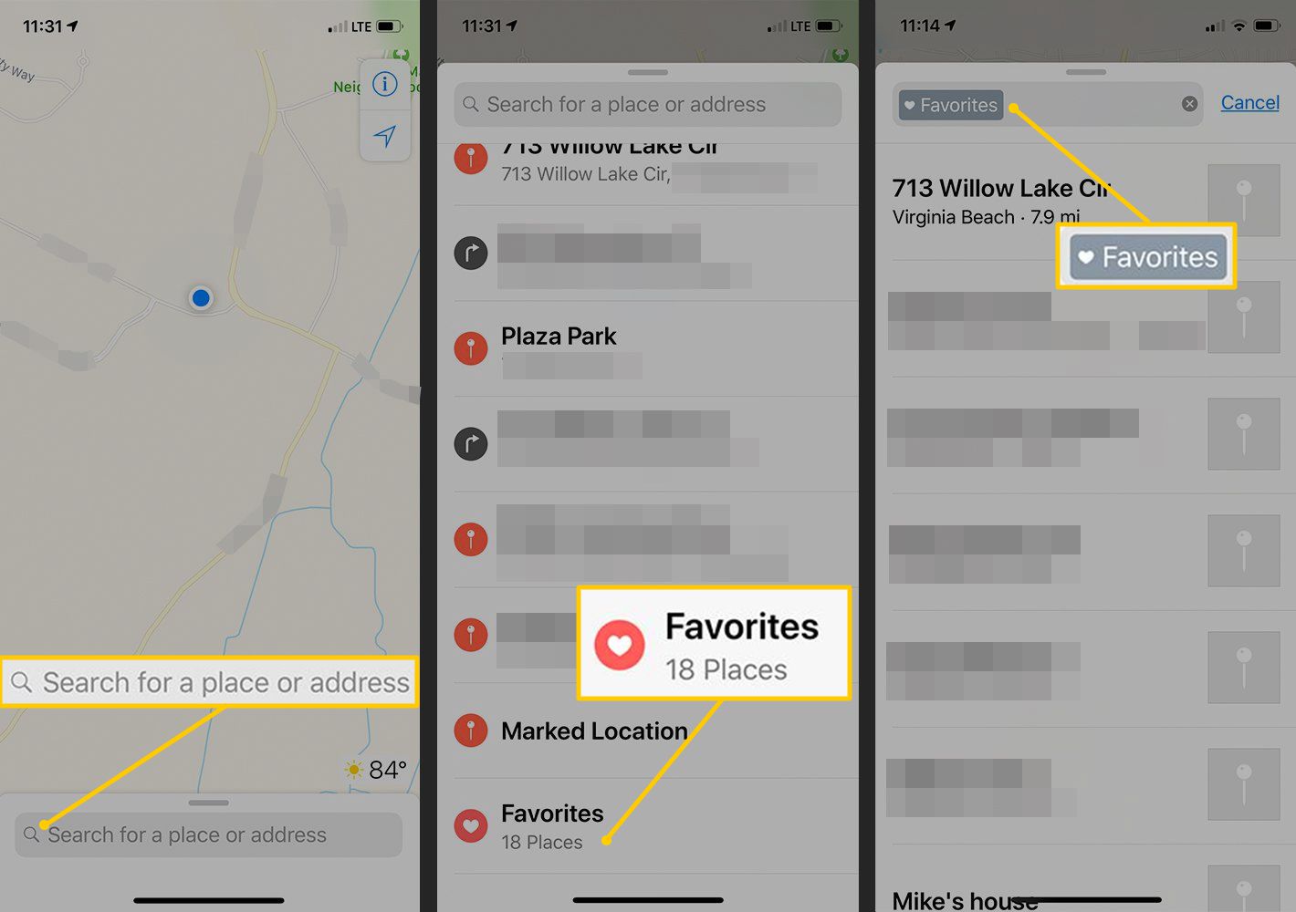 Vyhledávací pole, Oblíbená místa, Oblíbená značka v Mapách iOS