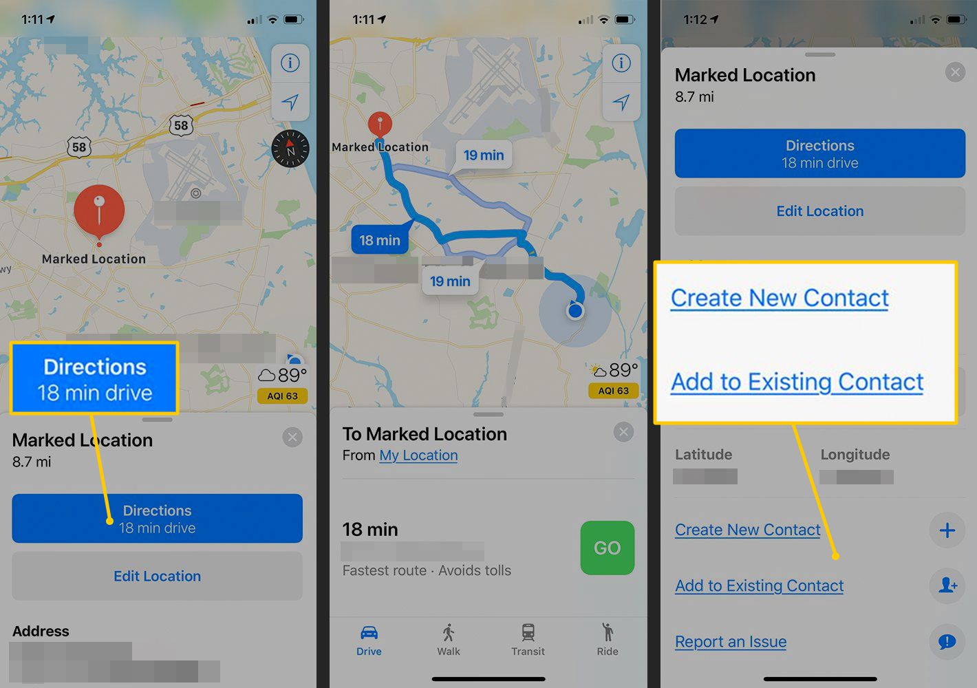 Tlačítko Trasy, Vytvořit nový / Přidat ke stávajícímu kontaktu v Mapách iOS