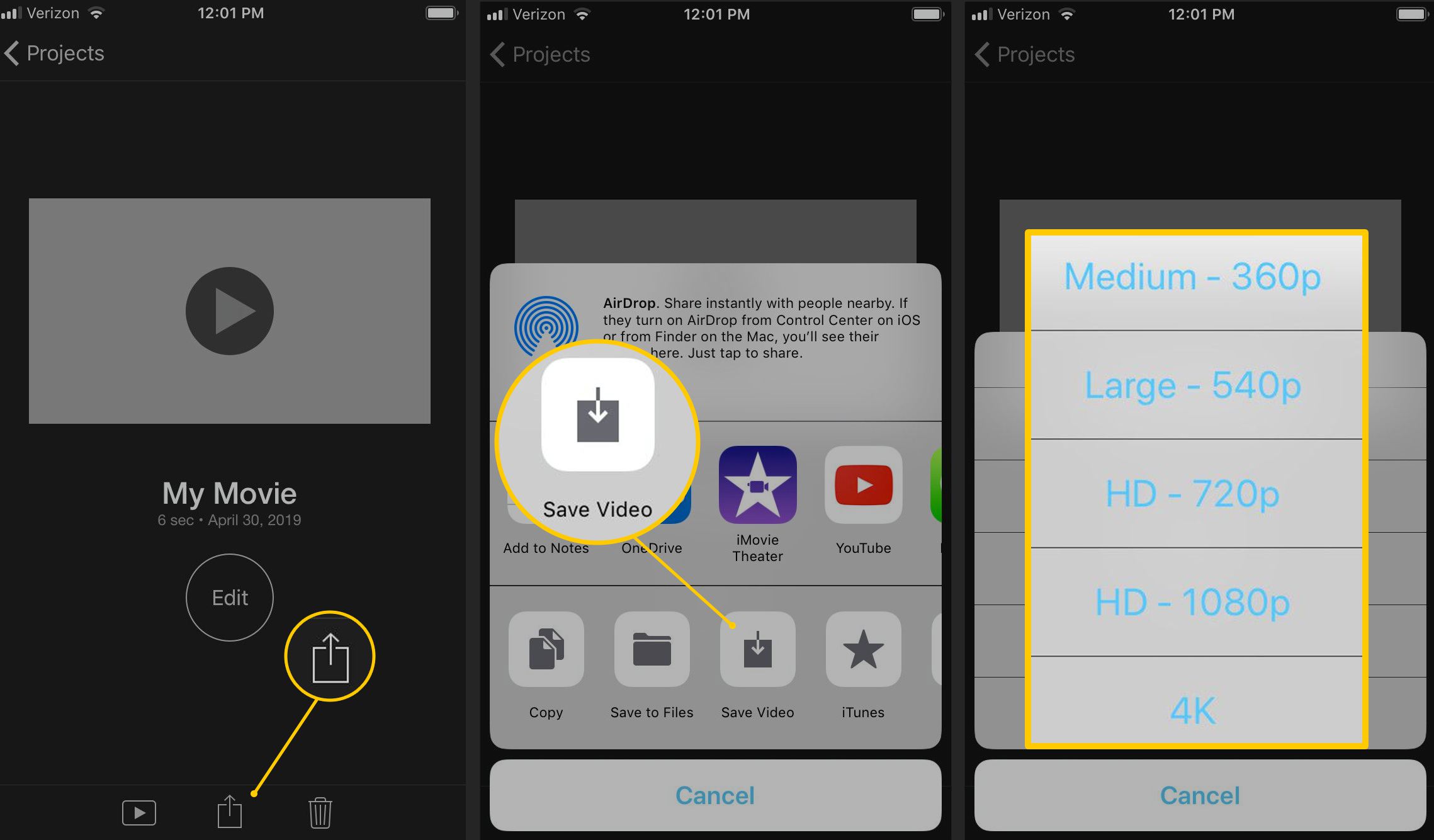 iMovie pro iOS, tlačítko Sdílet, Uložit video a výstupní velikosti