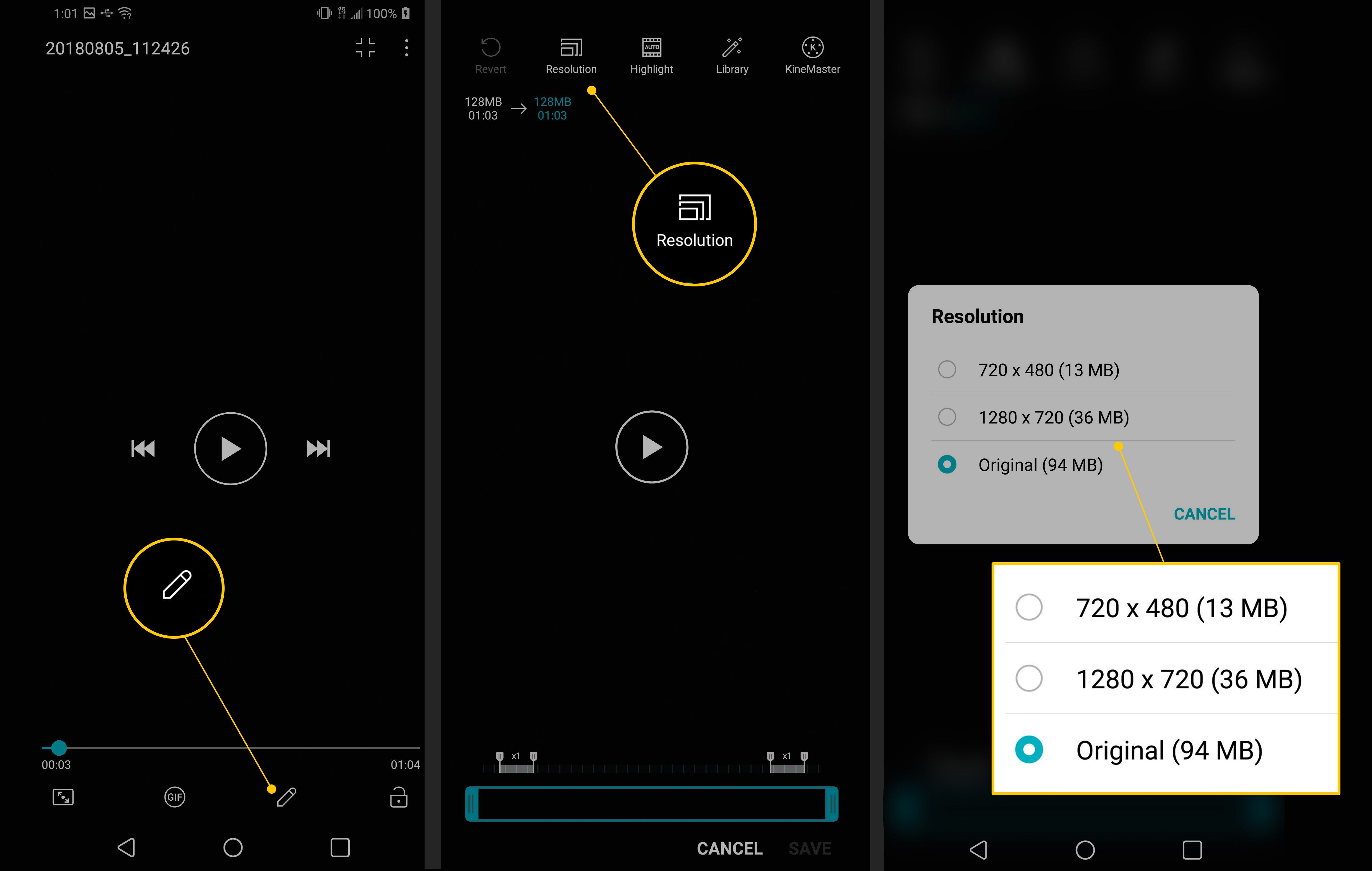 Tři obrazovky Android s tlačítky Upravit, Rozlišení a Možnosti