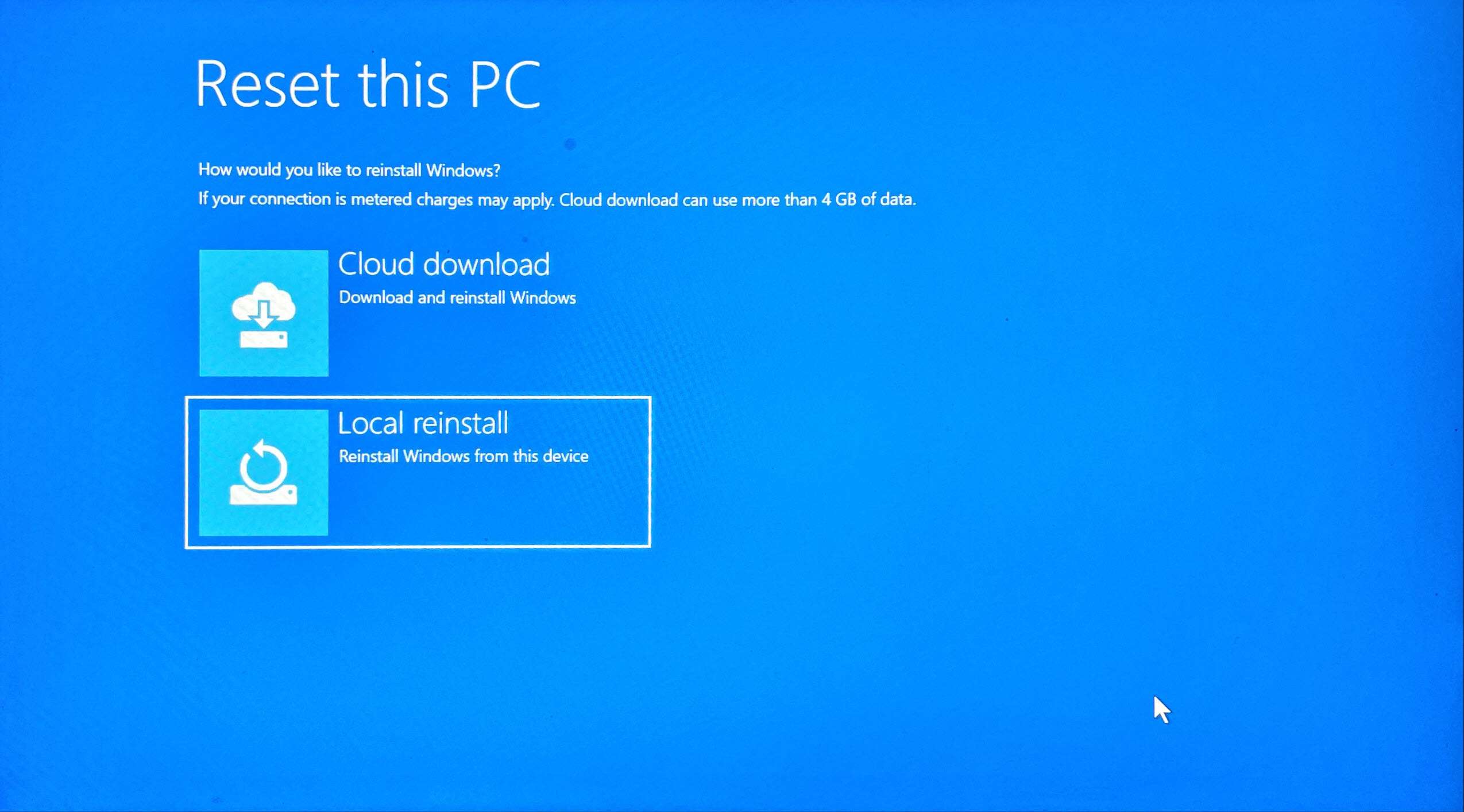 Volba instalace pro Windows 10 v prostředí Windows Recovery Environment