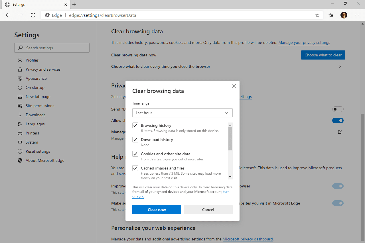 Microsoft Edge Vymazat obrazovku s údaji o procházení