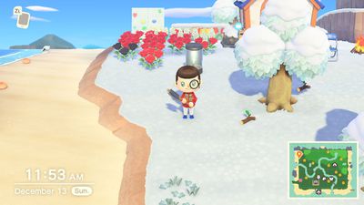 Snímek obrazovky Animal Crossing New Horizons ukazující postavu držící sekeru