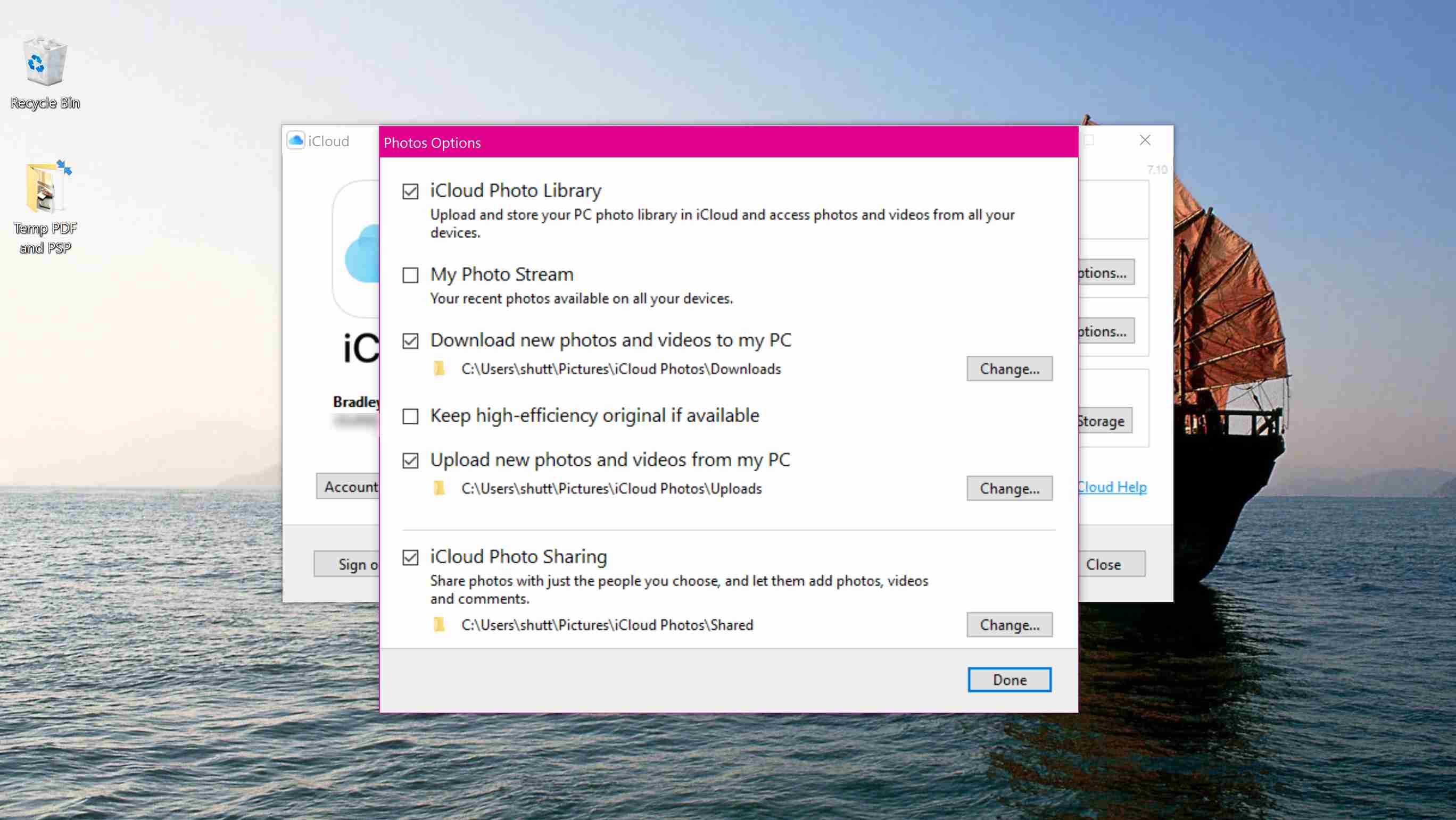 Proces instalace aplikace iCloud pro Windows.