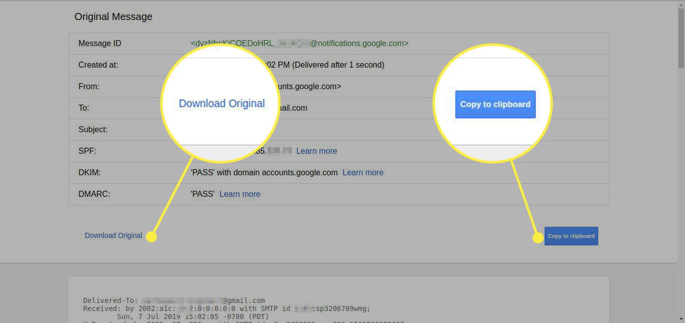 Zdroj zprávy v Gmailu se zvýrazněnými možnostmi Stáhnout originál a Kopírovat do schránky