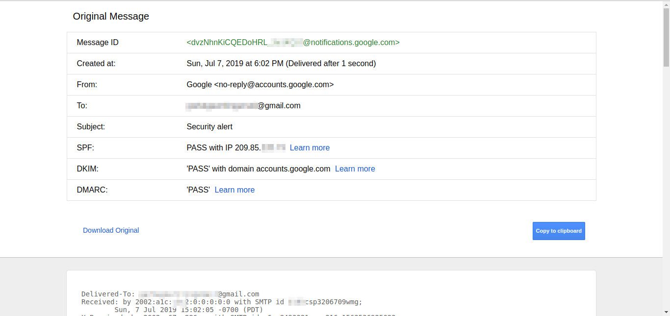 Okno původní zprávy v Gmailu