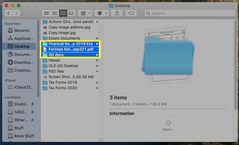 Mac Finder se zvýrazněnými soubory a složkami