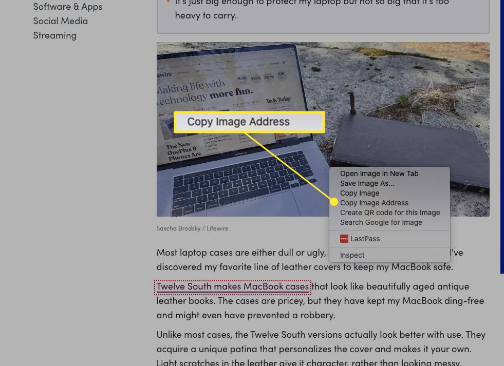 Obrázek webové stránky Mac se zvýrazněnou adresou „Copy Image Address“