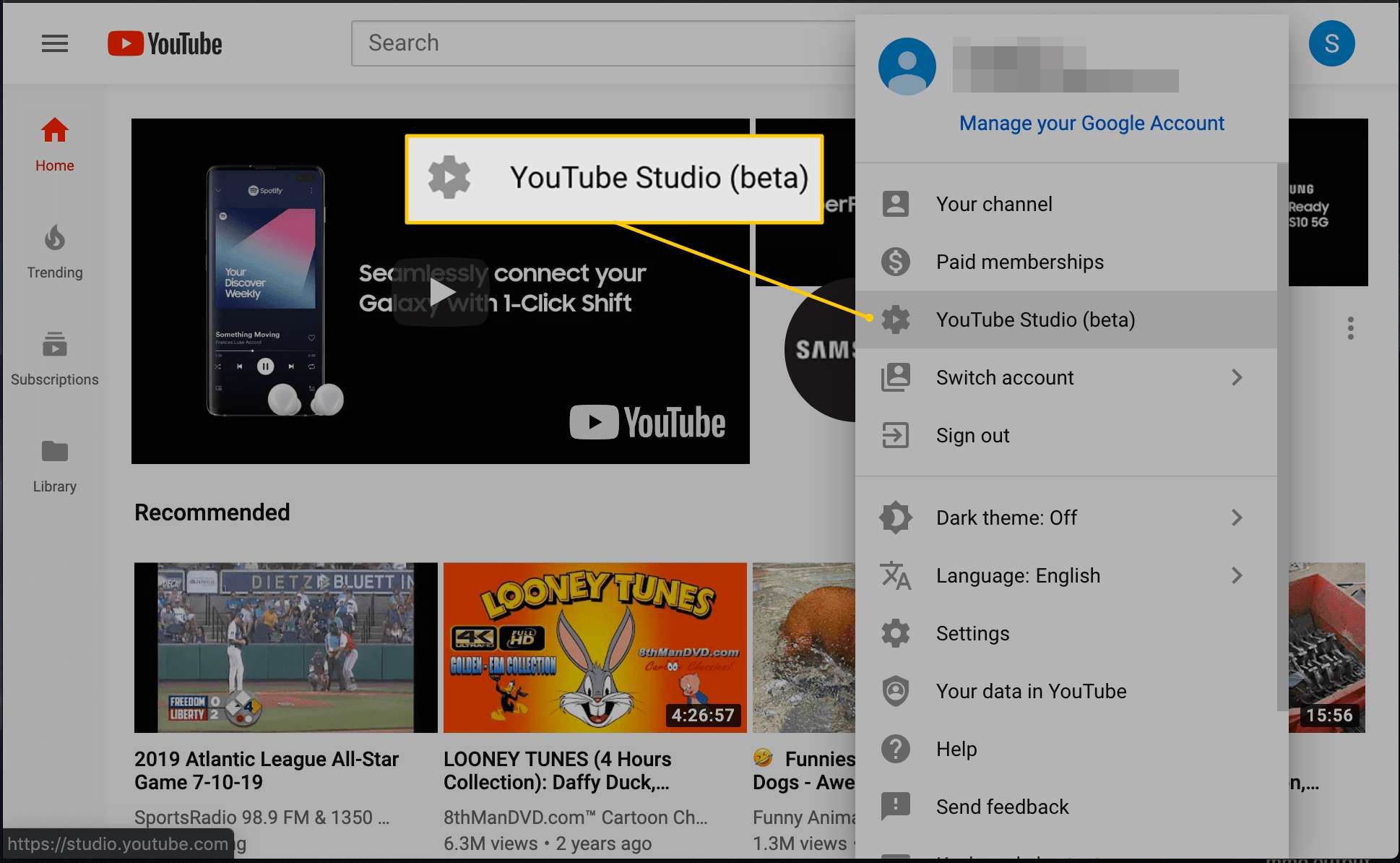 Možnost nabídky Studio YouTube (beta)