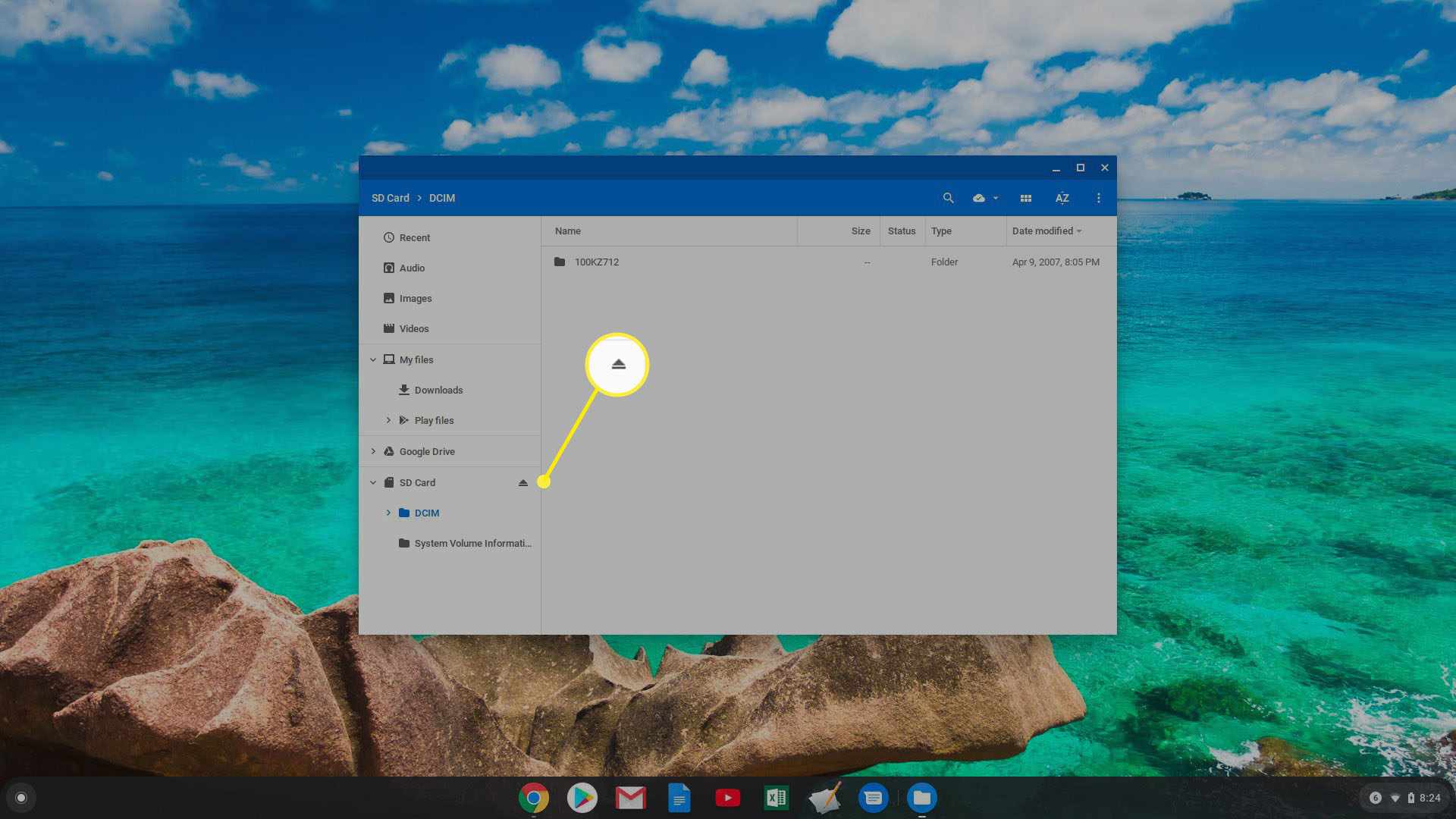 Screenshot výběru ikony vysunutí na Chromebooku