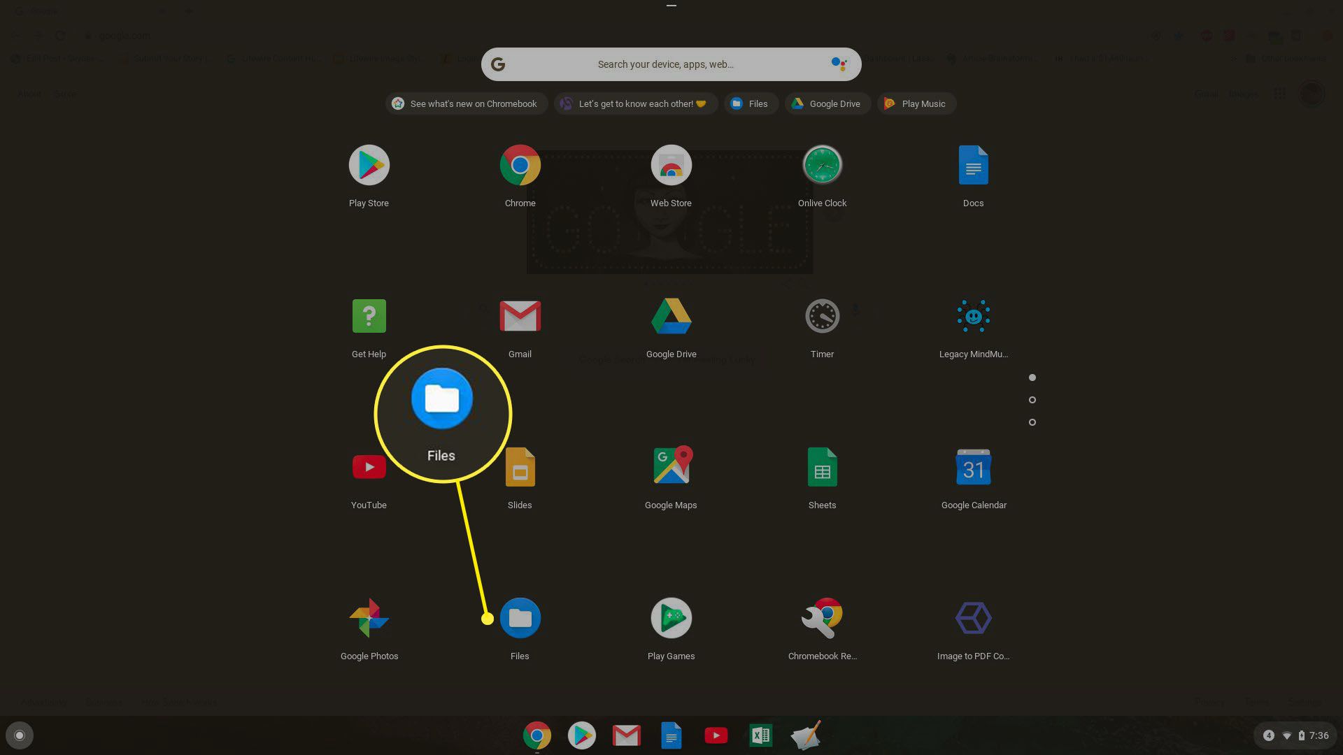 Screenshot otevření aplikace Soubory v Chromebooku