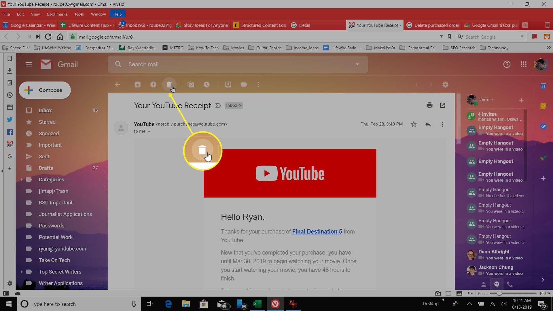 Gmail otevřený pomocí koše může být zvýrazněn