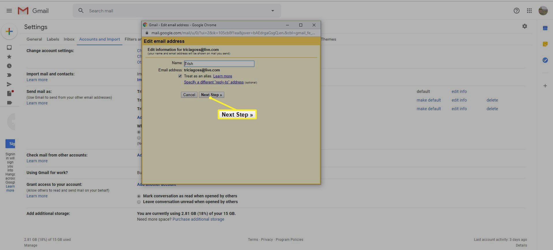 Screenshot zobrazující další krok v poli Upravit e-mailovou adresu