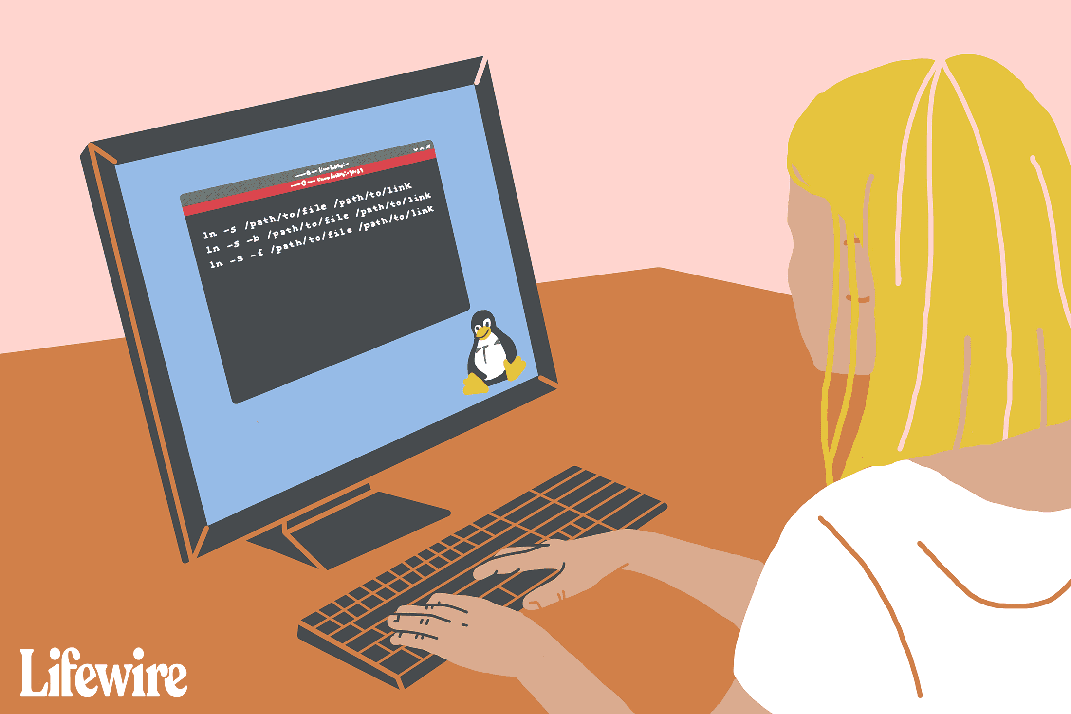 Ilustrace osoby používající počítač se systémem Linux