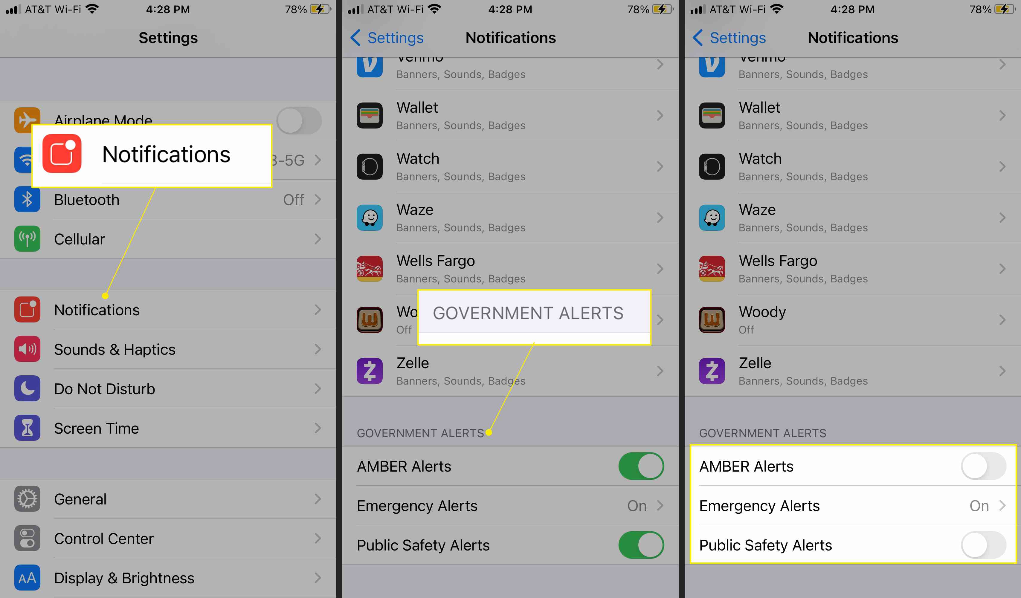 Nastavení iOS se zvýrazněnými oznámeními a vládními upozorněními