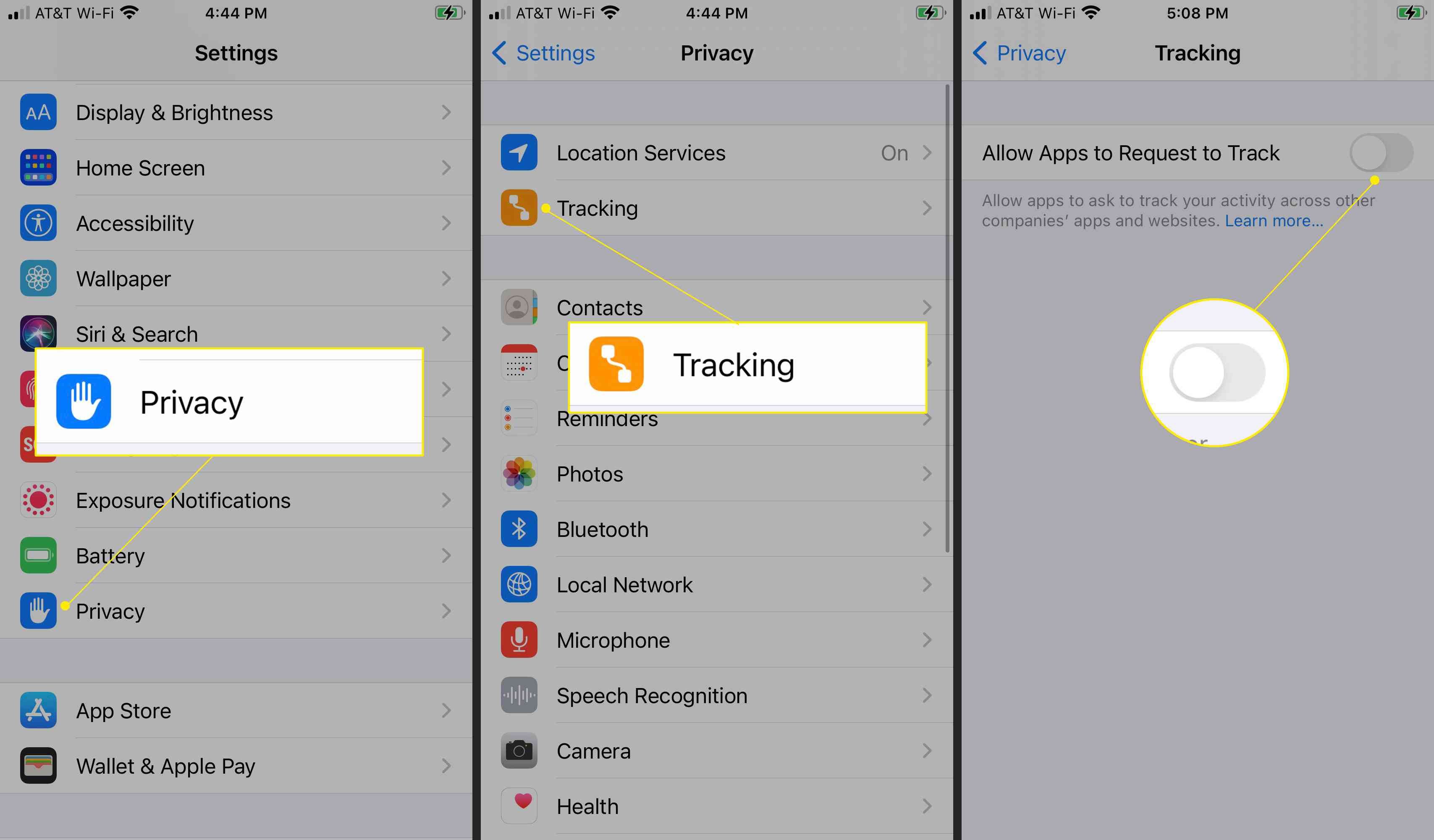 Nastavení iOS se zvýrazněnou ochranou osobních údajů a sledováním a vypnutím možnosti „Povolit sledování aplikací“