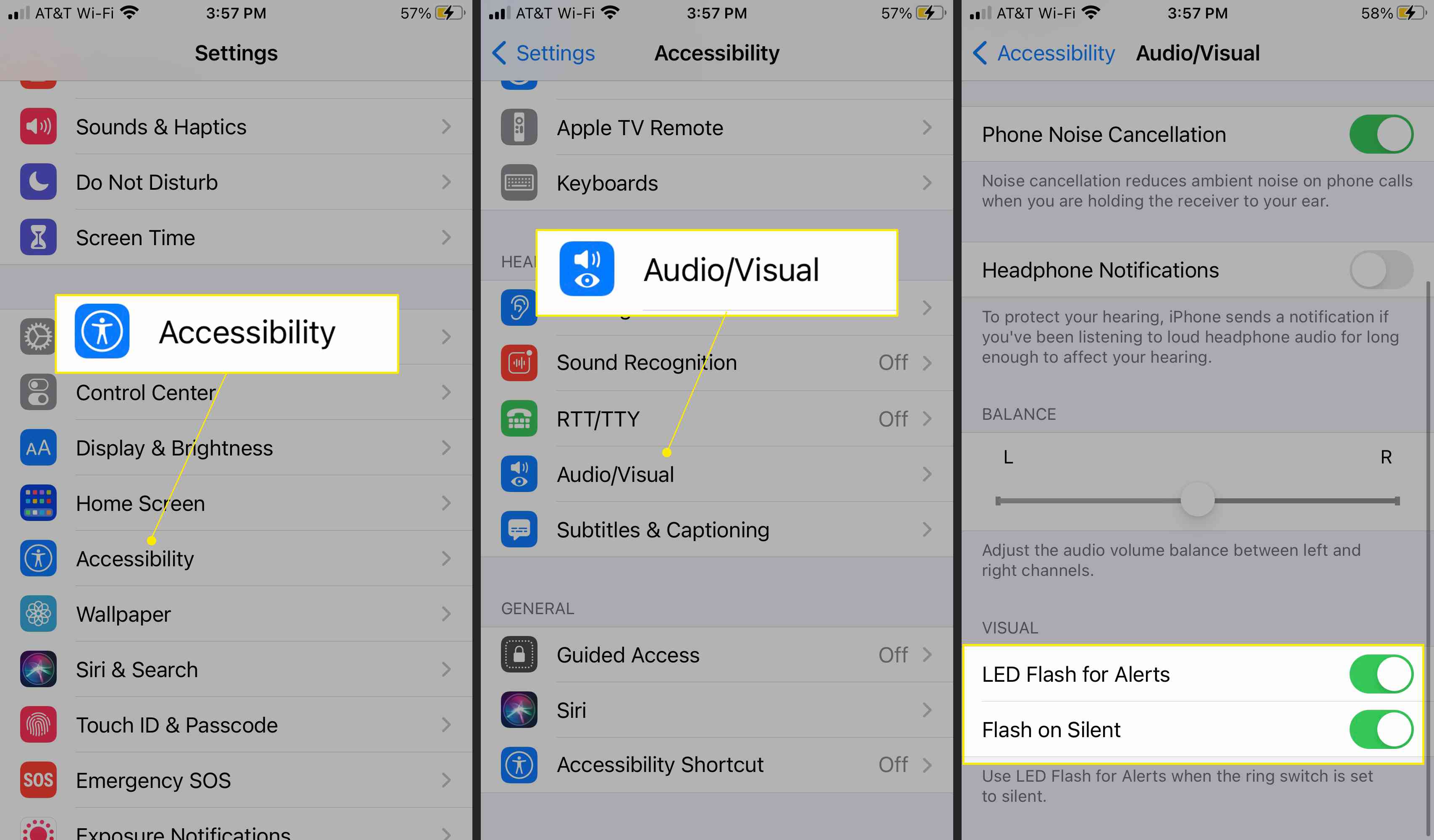 Nastavení iOS se zvýrazněným přístupem, audiovizuálním a LED bleskem pro upozornění