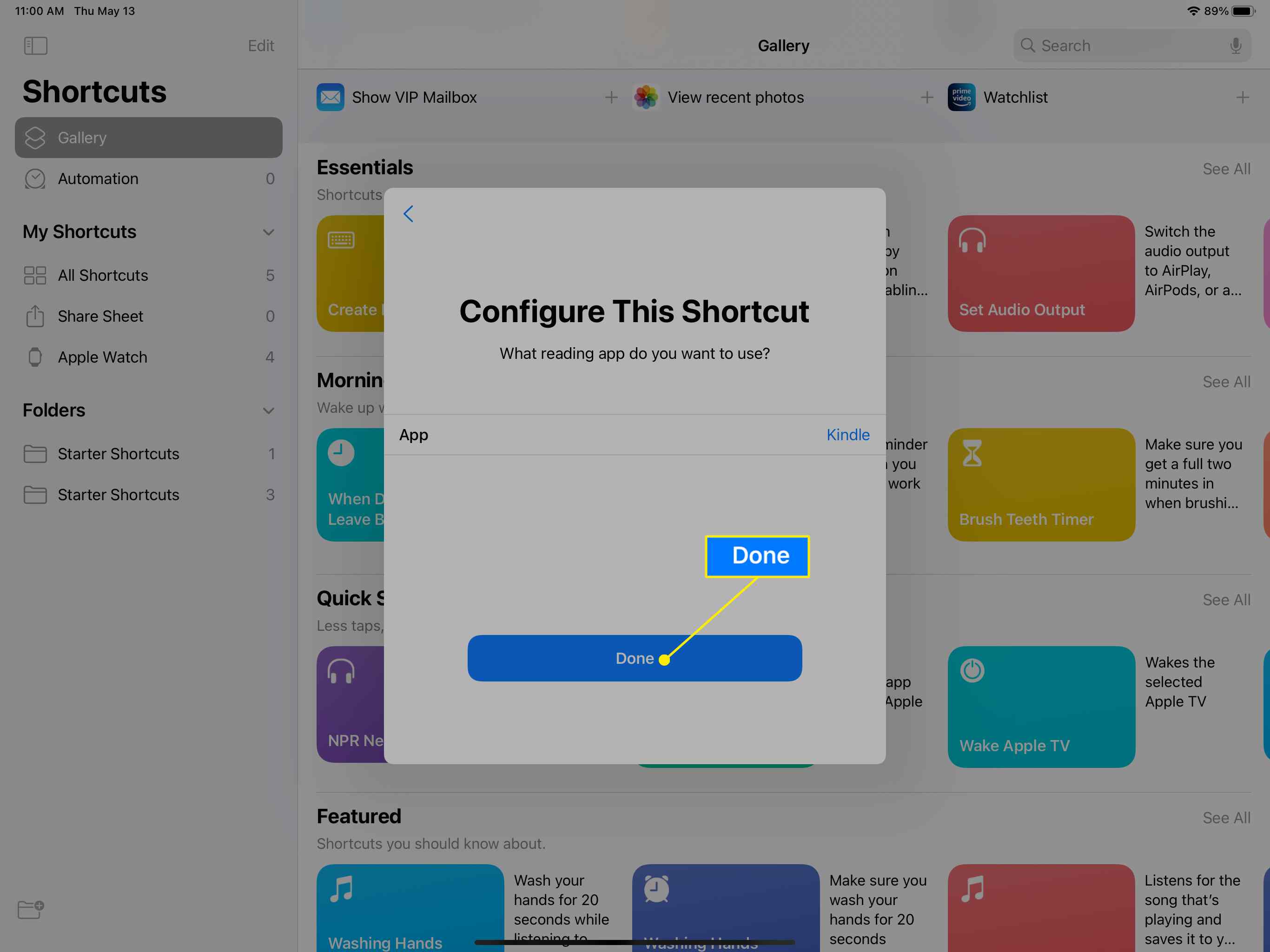 Konfigurační obrazovka v aplikaci iPad Shortcuts