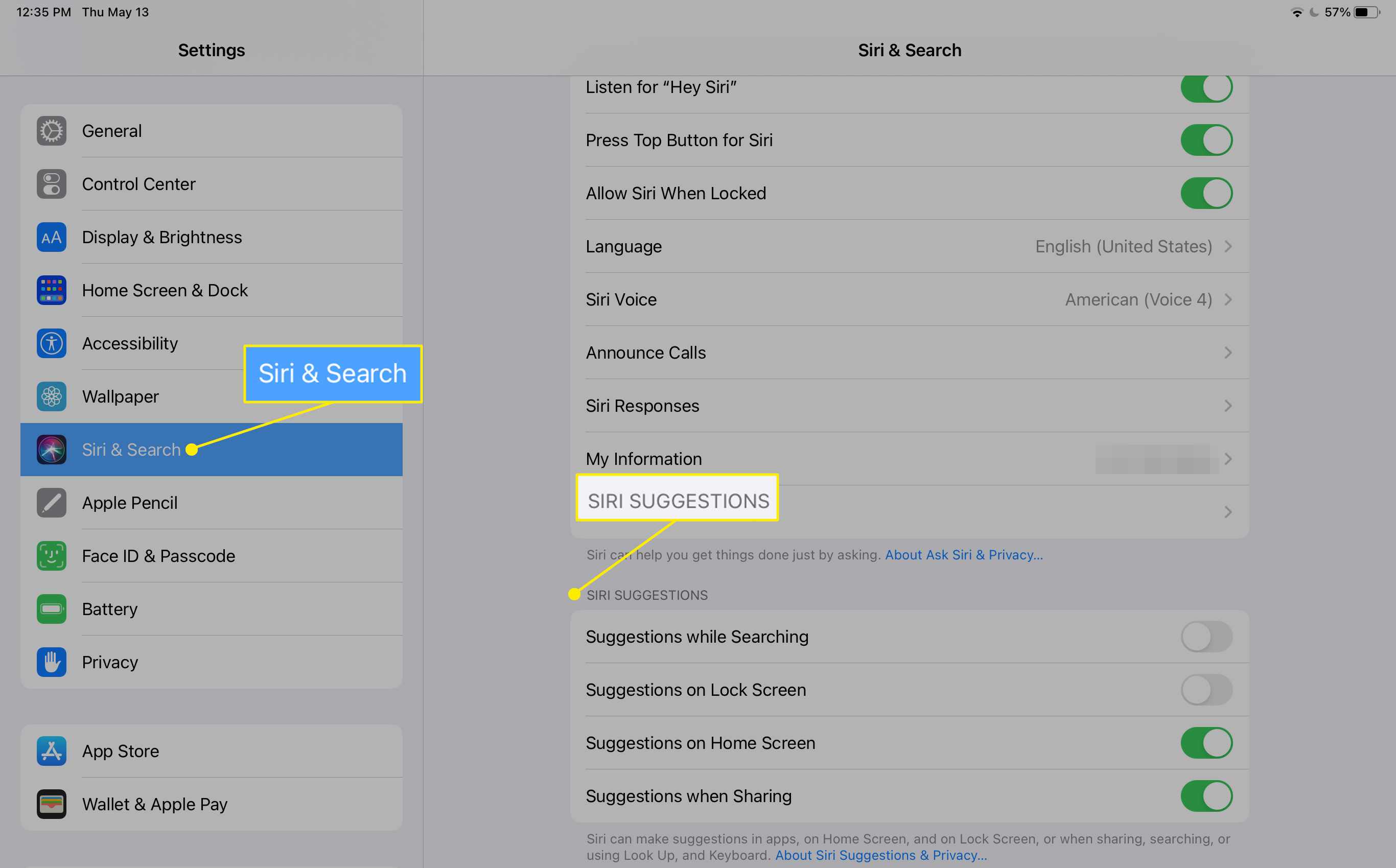 Nastavení iPadu se zvýrazněnou kategorií Siri & Search