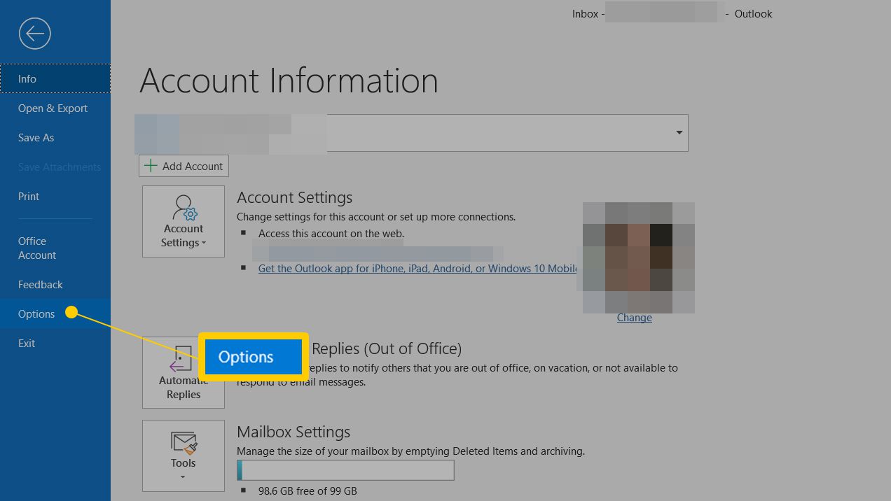 Tlačítko Možnosti na stránce Informace o účtu aplikace Outlook