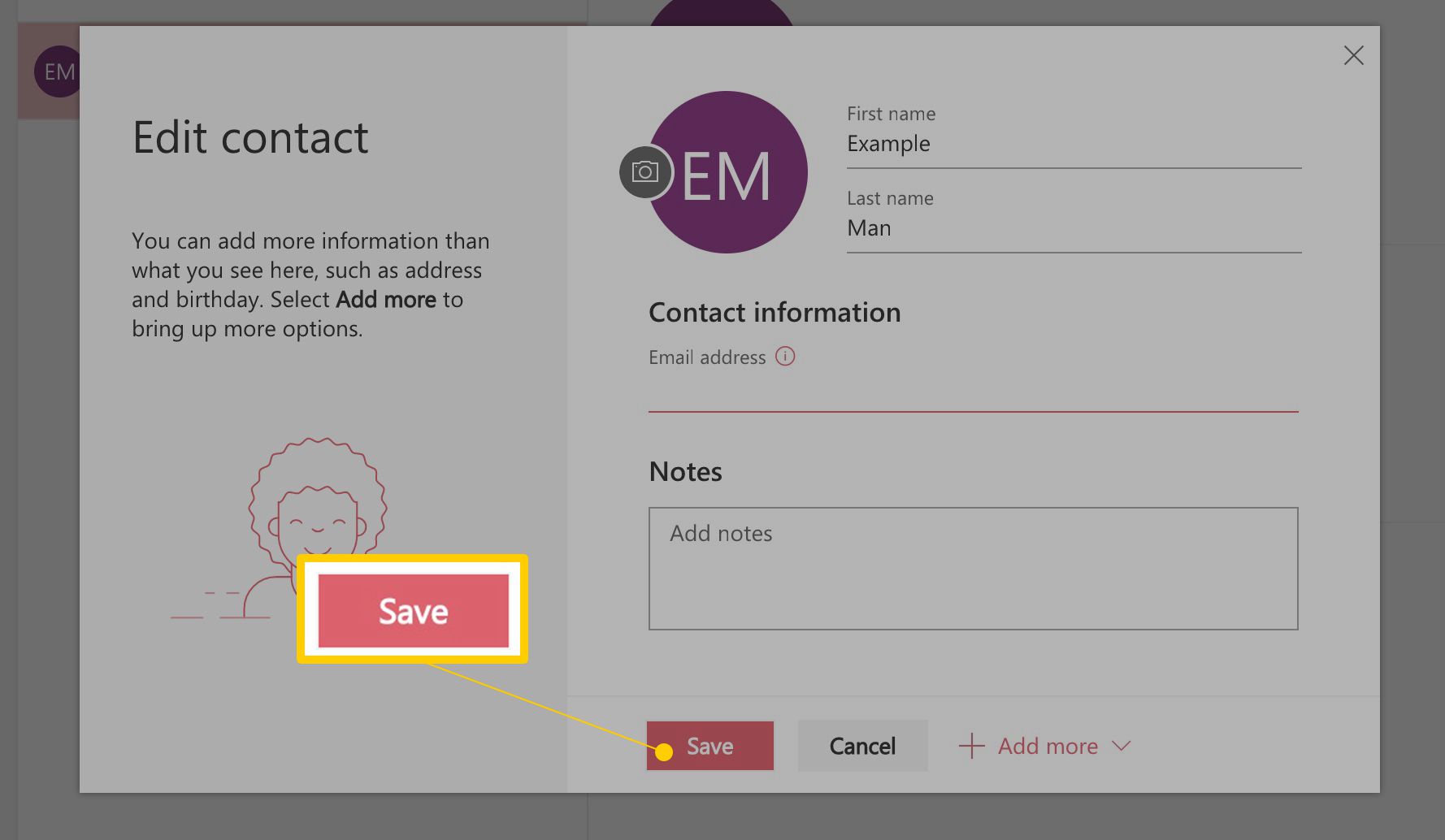 Tlačítko Uložit v podokně Upravit kontakt v Outlooku na webu