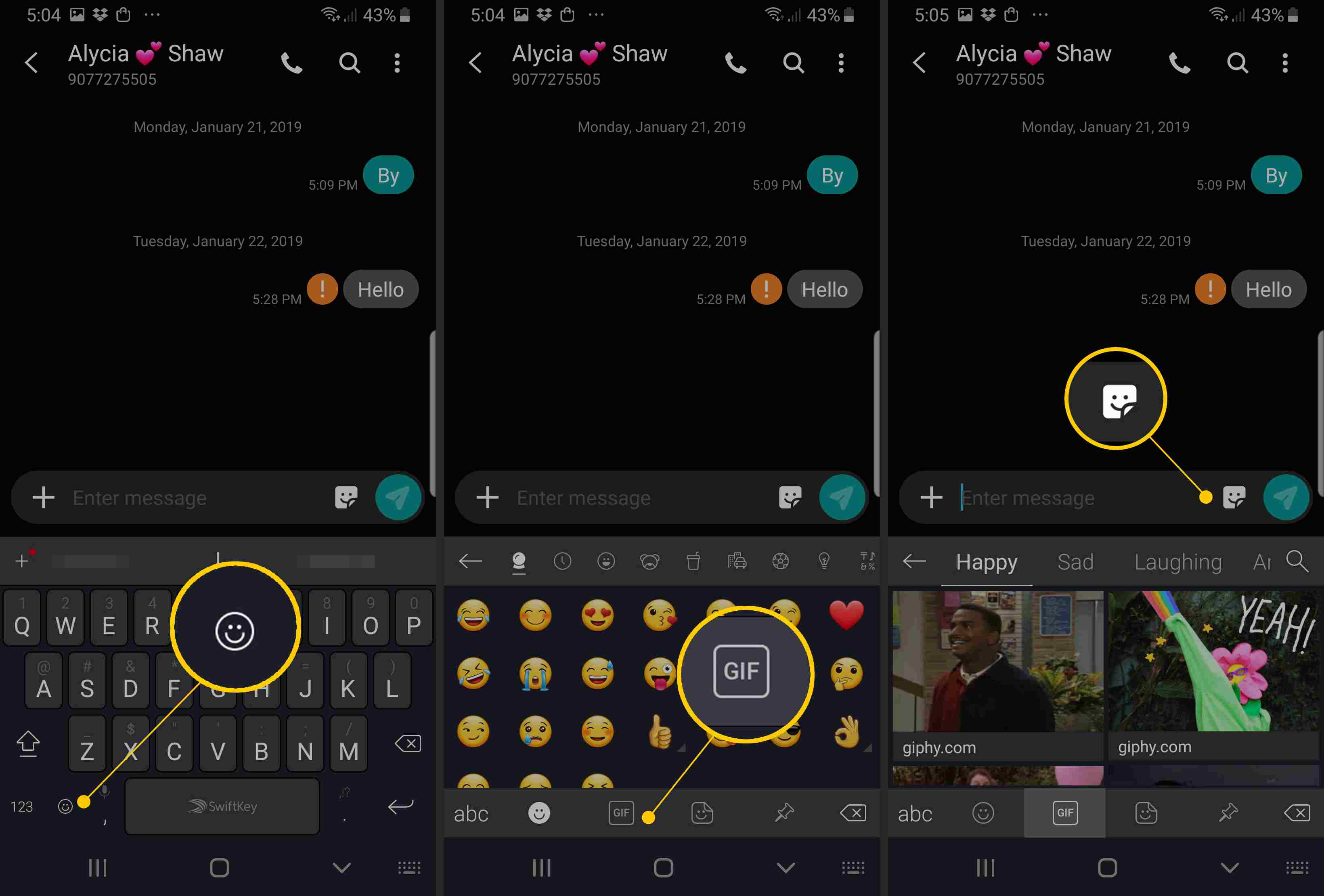 Ikony emodži, GIF a samolepky v aplikaci Zprávy Samsung