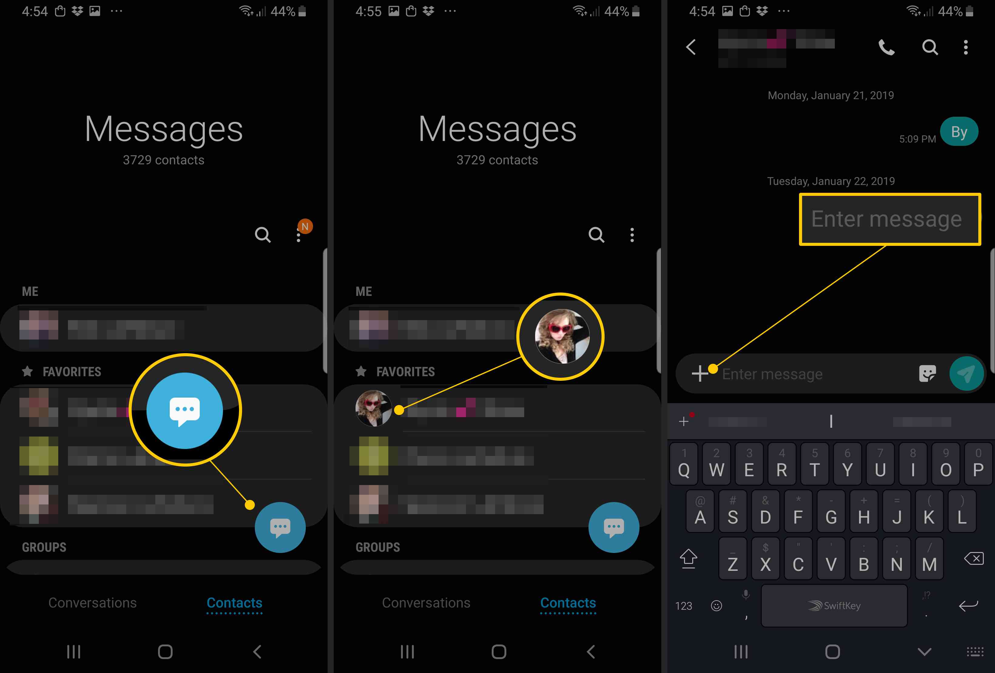 Ikona zprávy, ikona kontaktu, zadejte pole zprávy v aplikaci Samsung Chat