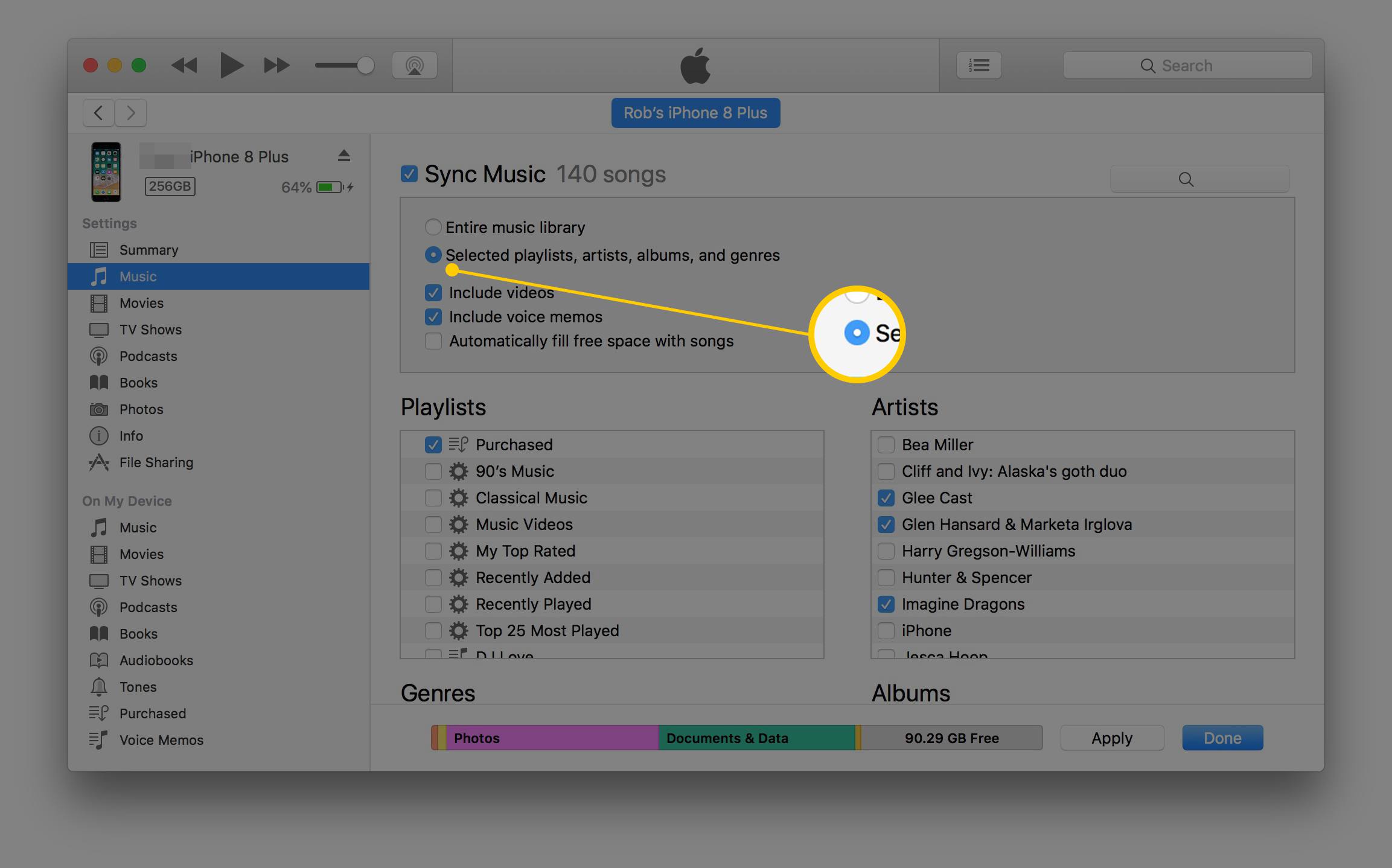 iTunes v macOS zvýrazňují synchronizaci vybraných seznamů skladeb, umělců, alb a žánrů