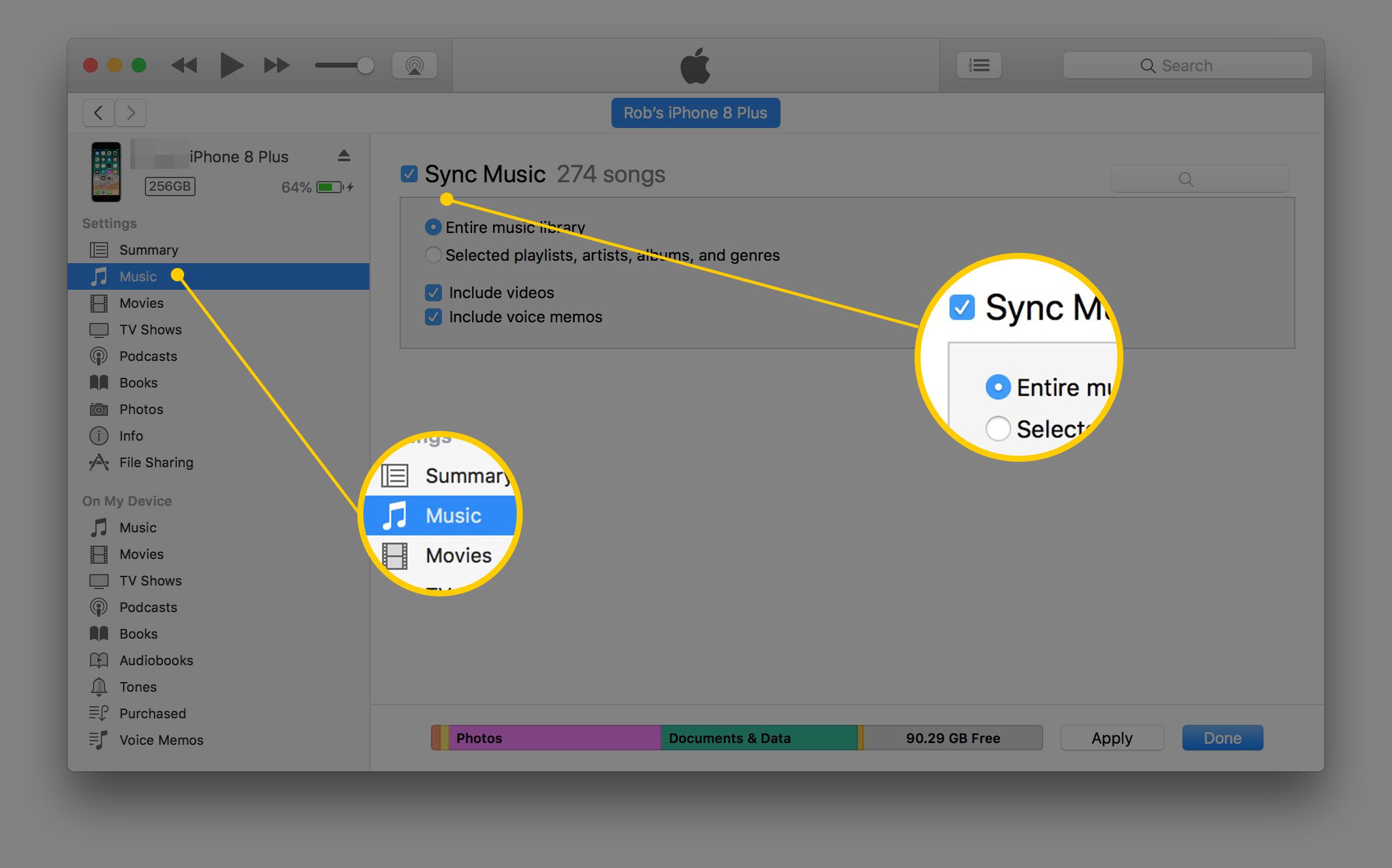 iTunes v macOS zobrazující sekce Hudba a Synchronizace hudby