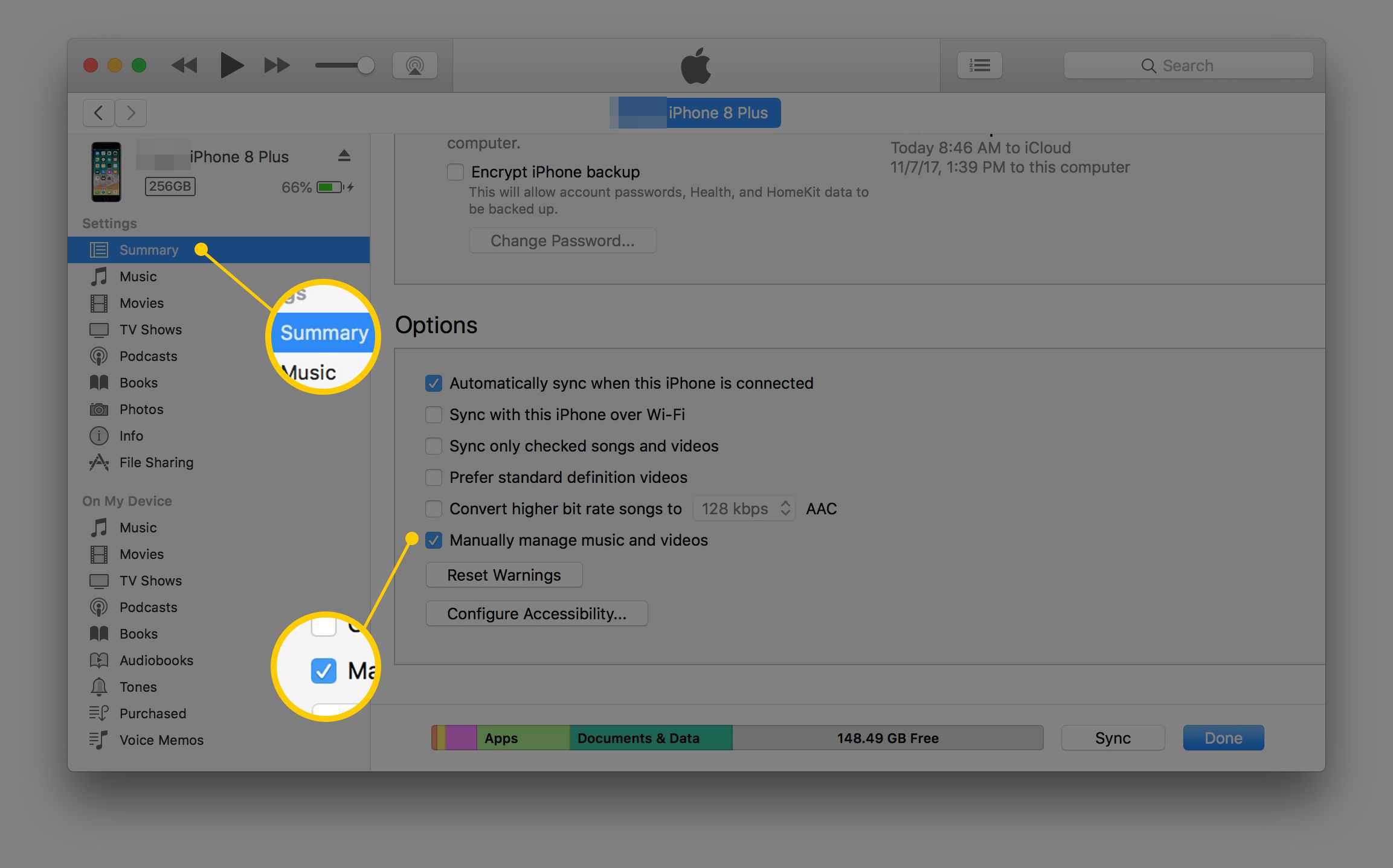 Okno iTunes v macOS se zaškrtávacím políčkem Souhrnná kategorie a Ruční správa hudby a videa