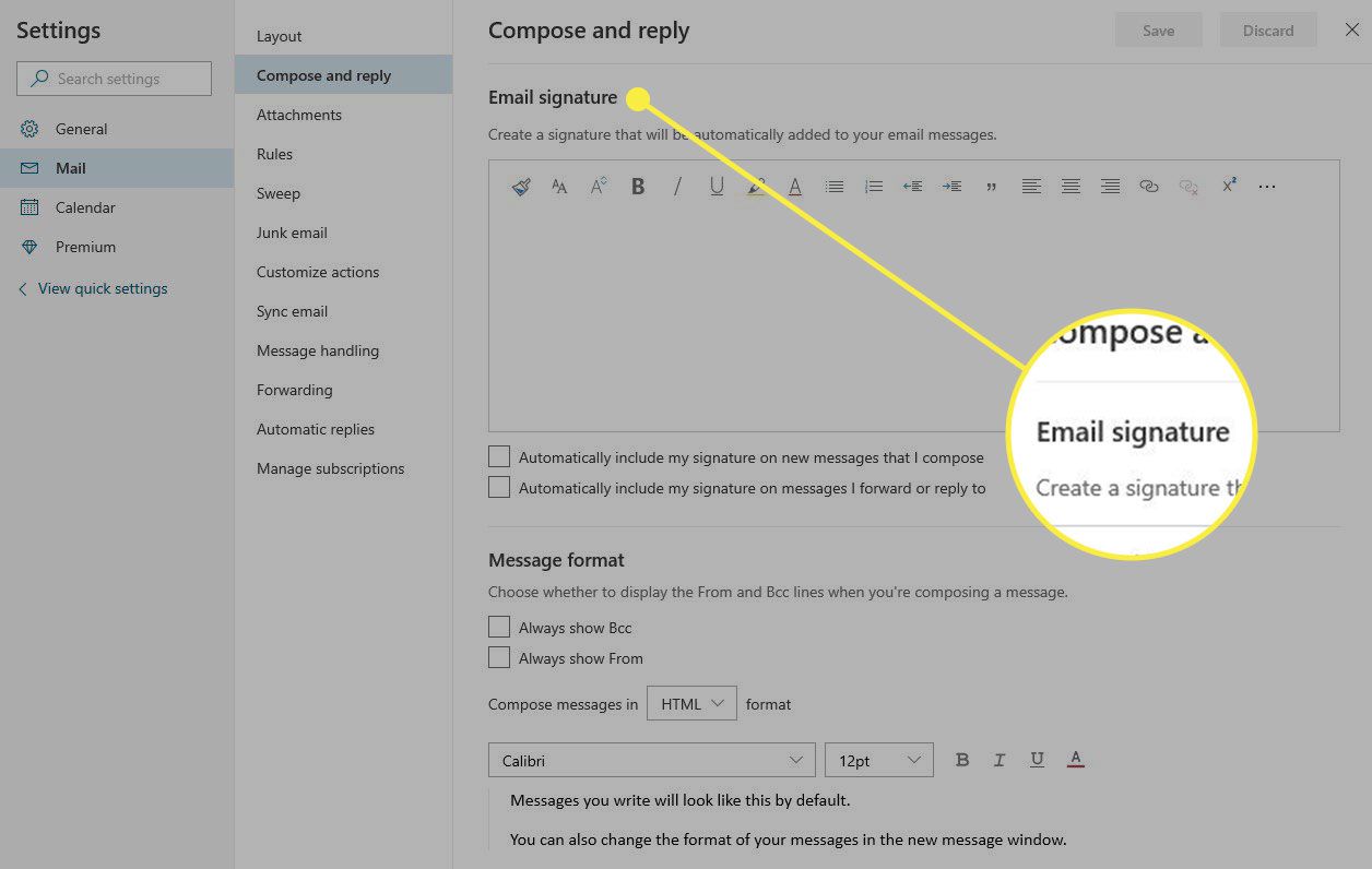Pole e-mailového podpisu v nastavení aplikace Outlook pro psaní a odpověď
